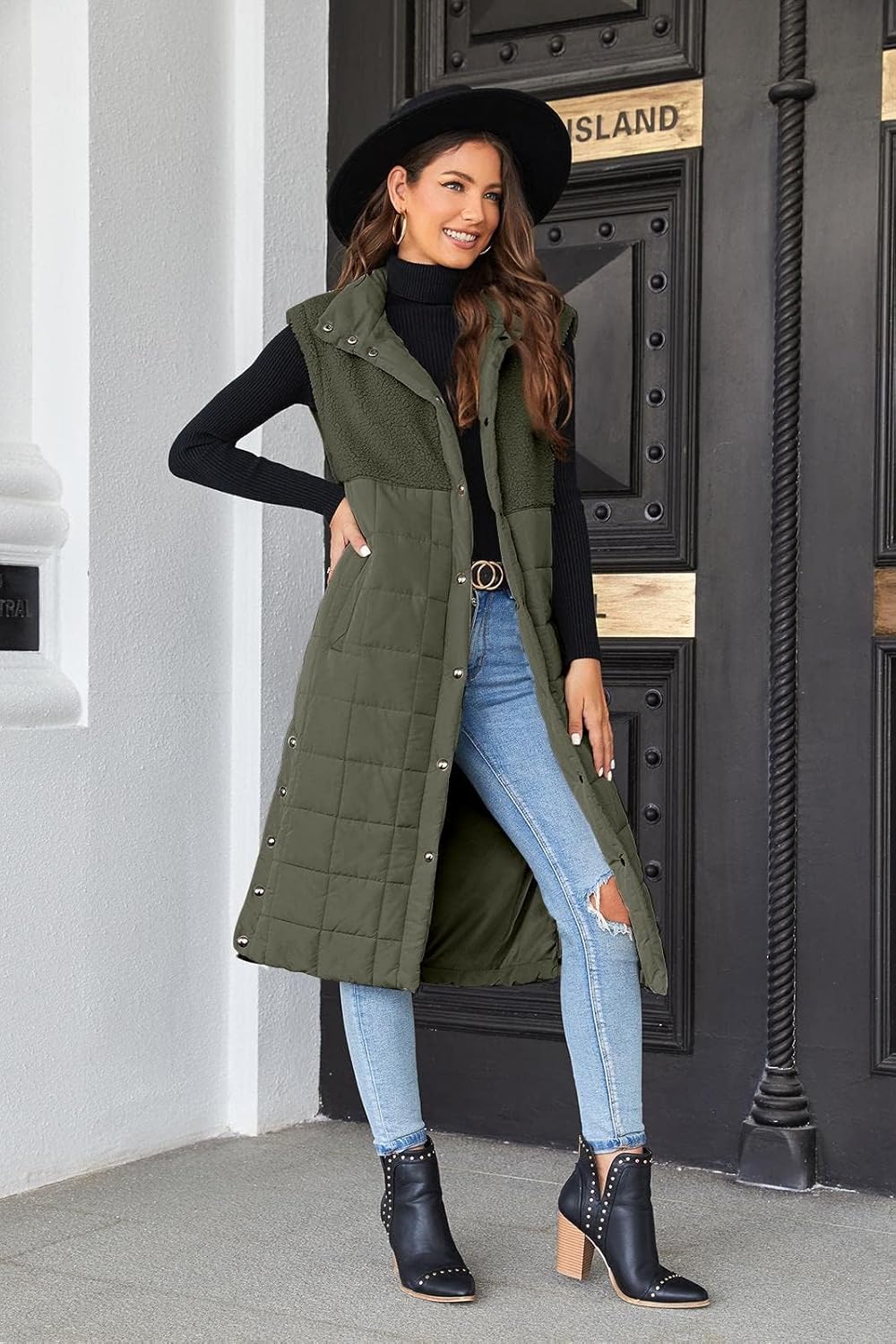 UMEKO Women's Long Puffer Vest Fleece Jacket Winter Button Down Sleeveless Coats - Image 4