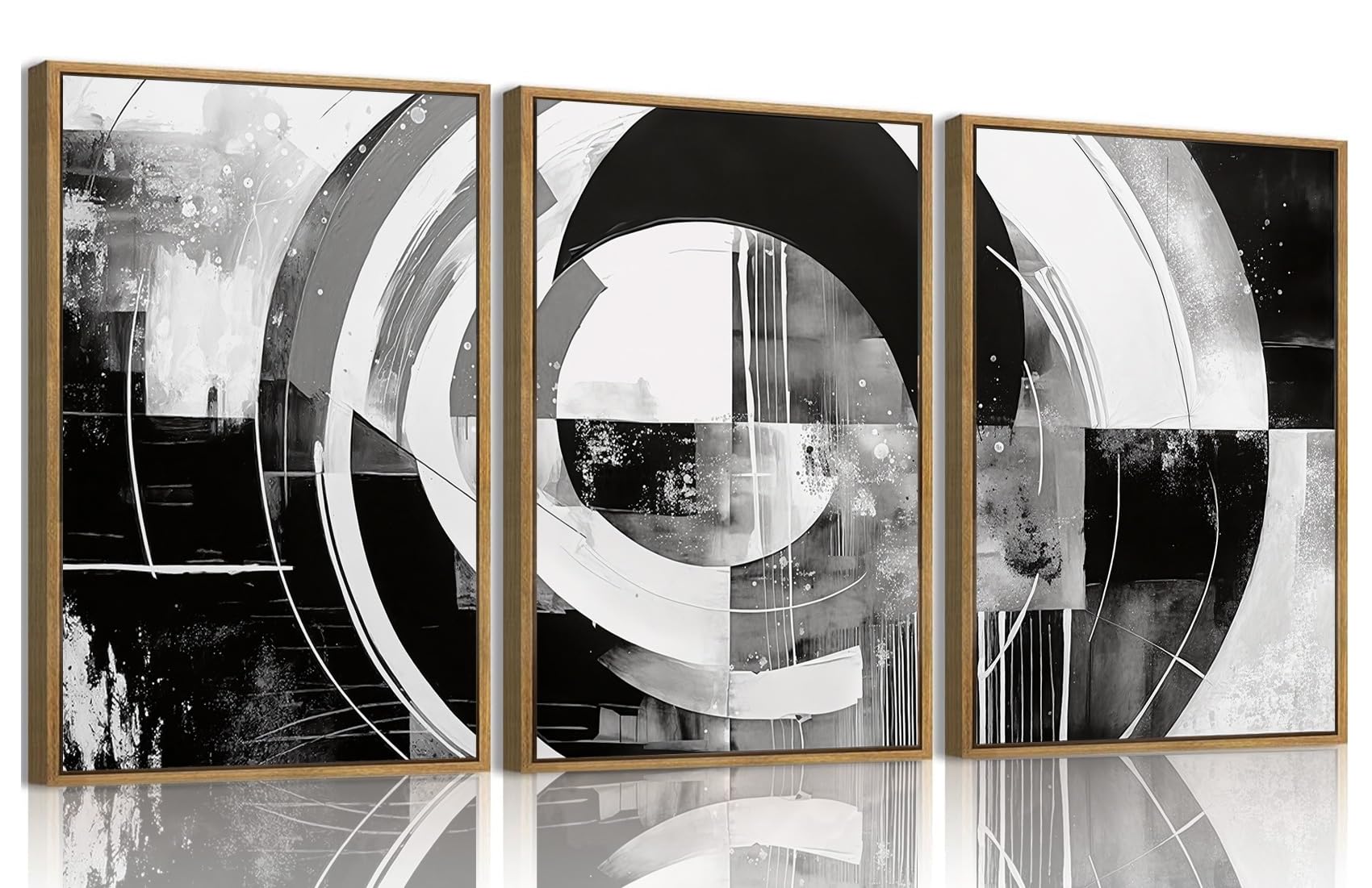 myusuar 3 Piece Large Modern Abstract Canvas Framed Wall Art For Living Room, Black And White Rings Minimalist Wall Art Decor Posters Prints For