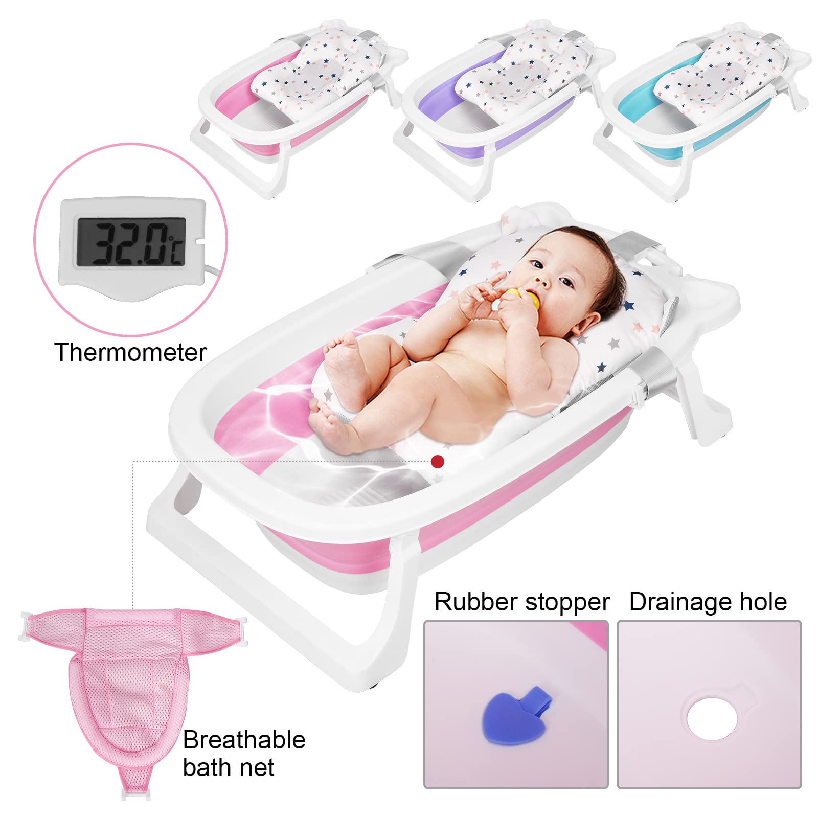 Bañera Plegable Multifuncional para Bebés y Niños Pequeños Con Termómetro, Cama de Baño y Juguetes, Antideslizante, 0-8 Años (Rosa)