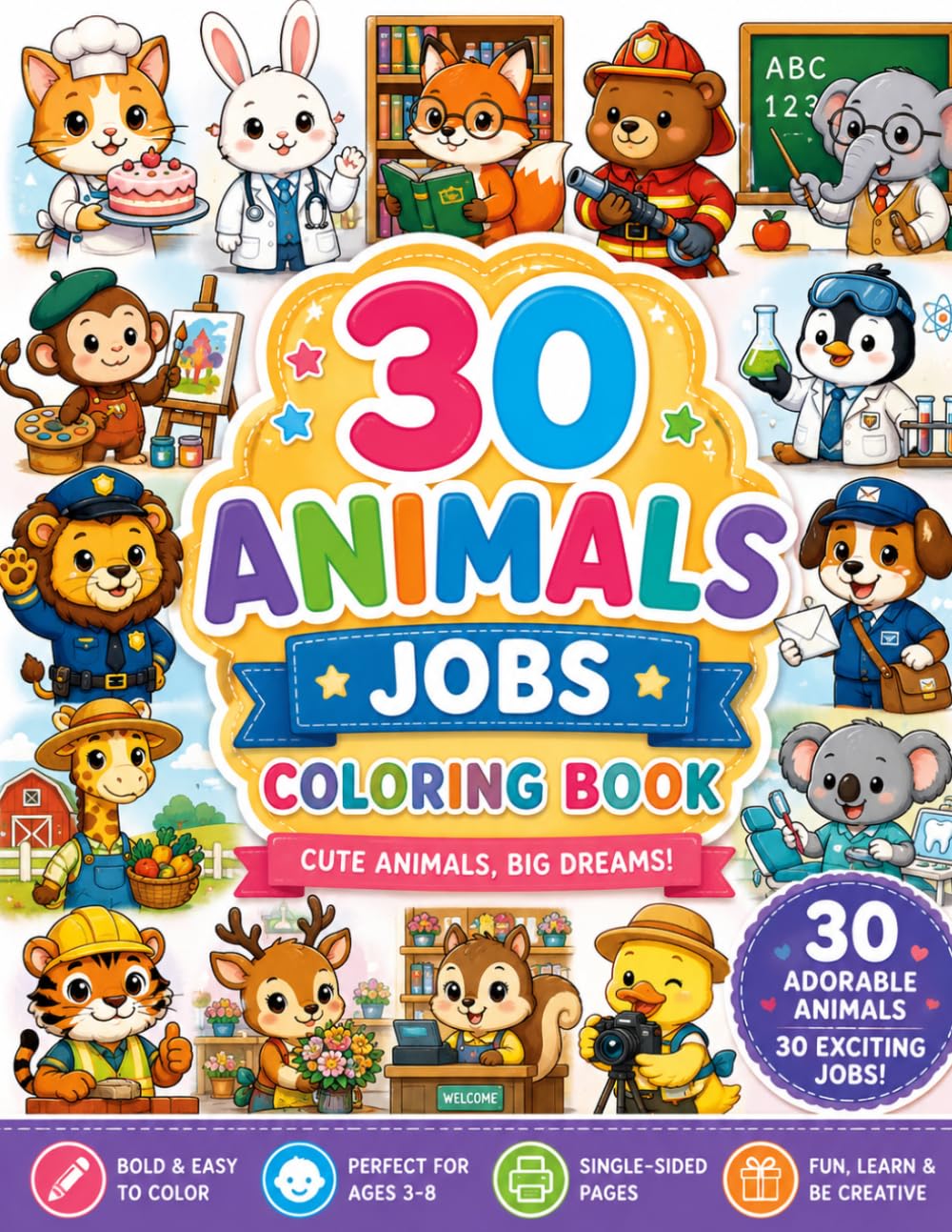30 Animals Jobs Coloring Book: Cute Animal Careers for Kids Ages 3–8 | Fun, Easy & Educational Coloring Pages