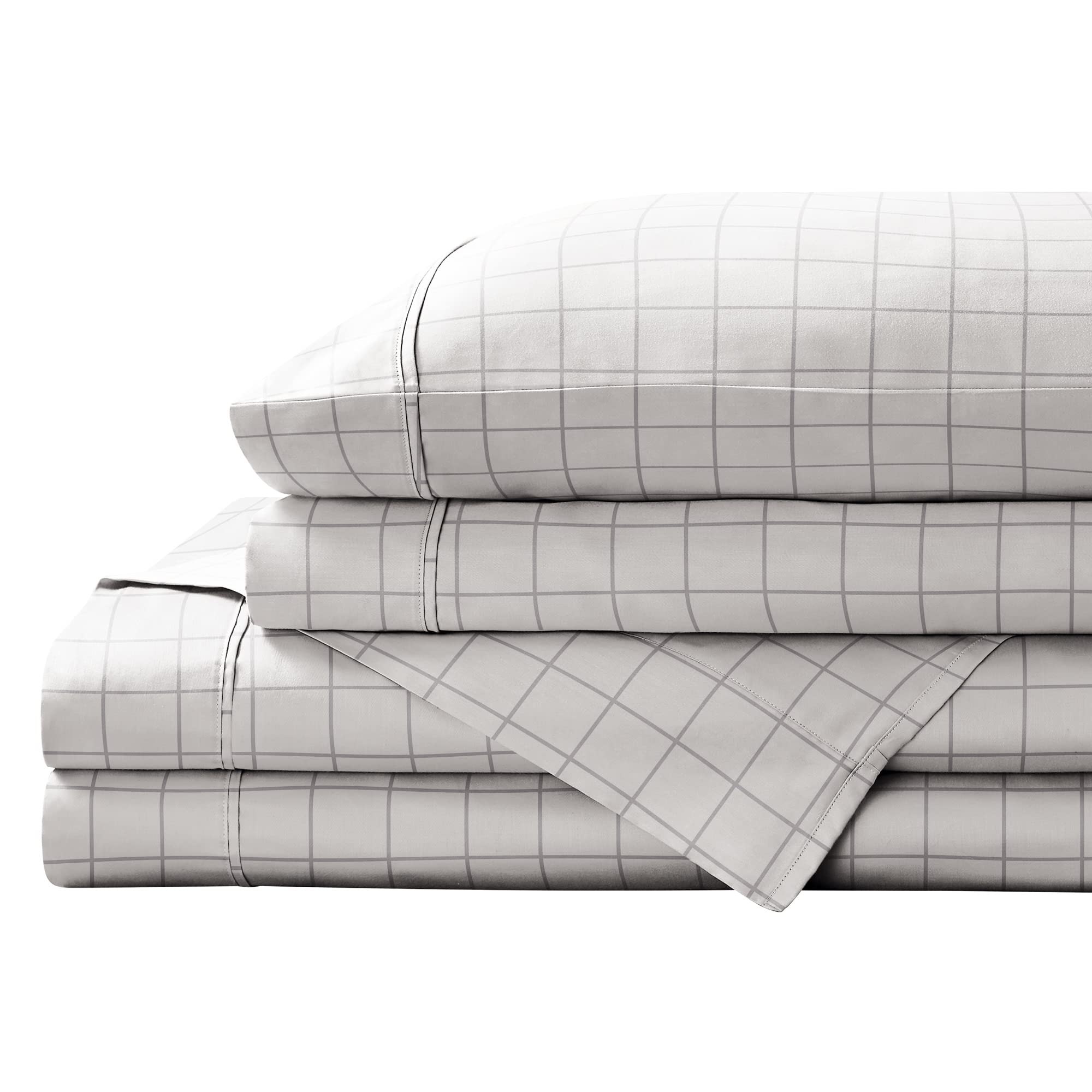 Brielle HomeSateen Printed Sheet Set, Twin, Grid Grey