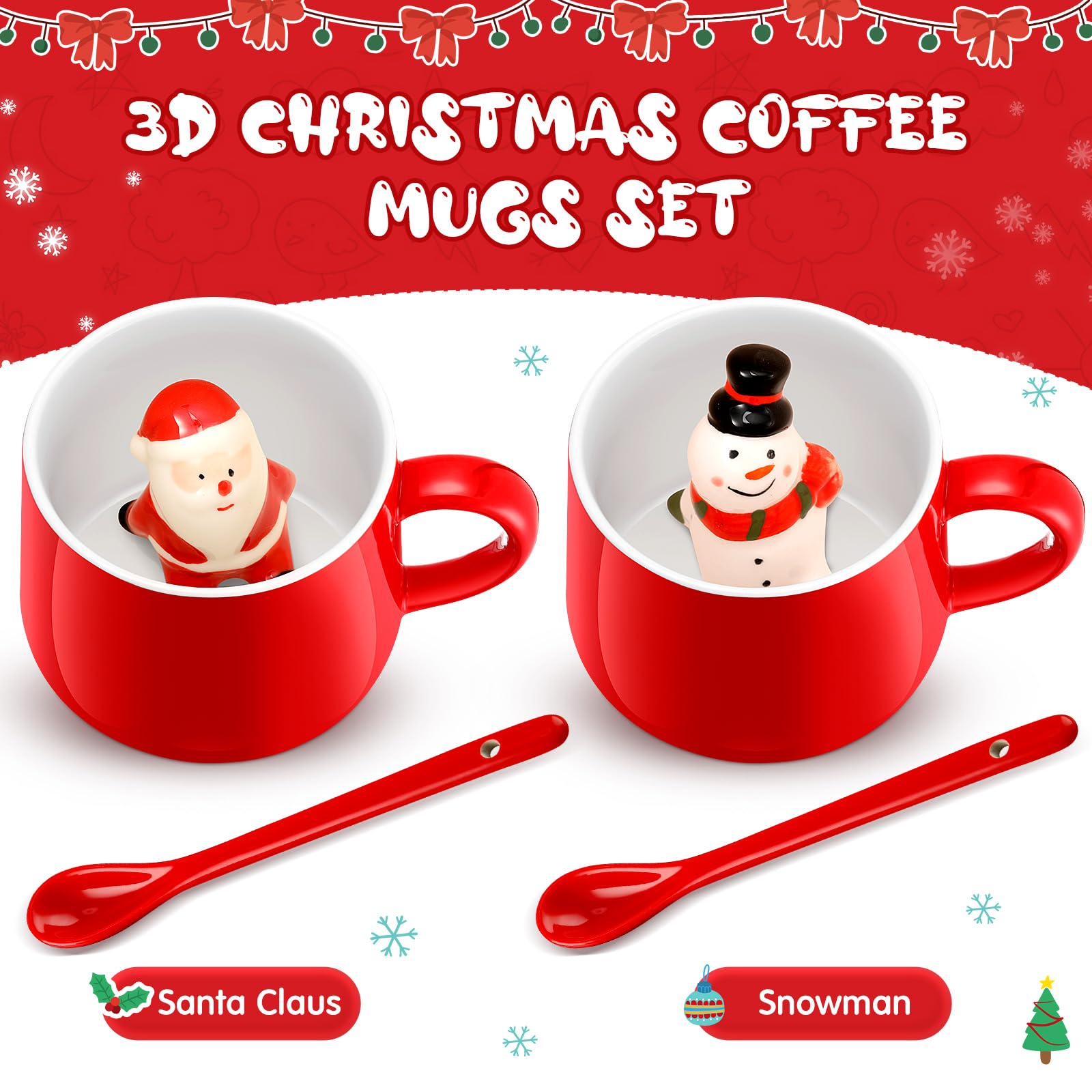 Uiifan 2 juegos de tazas de café de Navidad 3D con cuchara de cerámica, 13.5 onzas en el interior, taza de cerámica de dibujos animados para mujeres y hombres, regalos de Navidad, suministros de