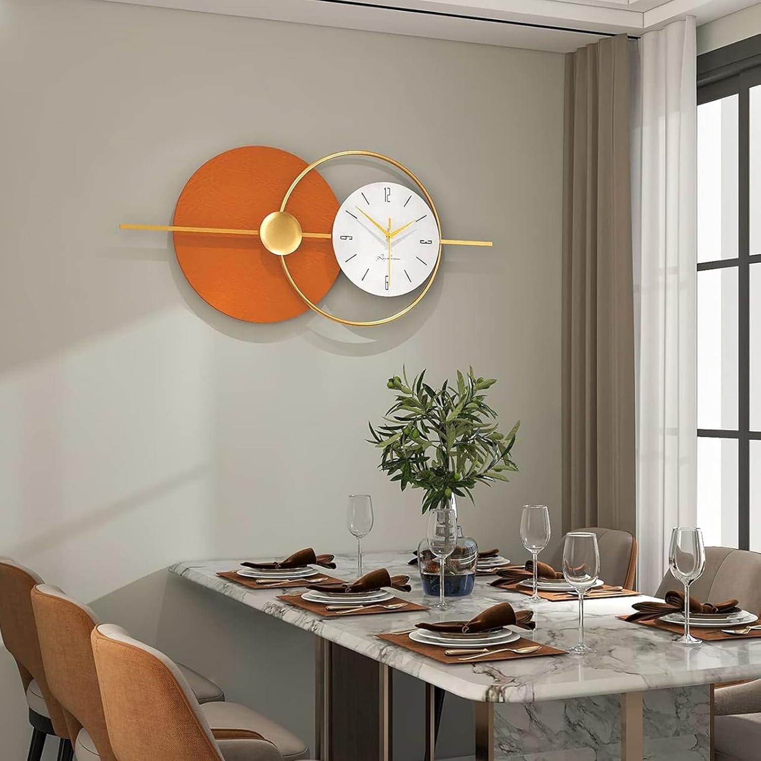 31.5'' Large Wall Clocks for Living Room Decor Modern Decorative Art Clock Silent Non Ticking Battery Powered Metal Wall Decor Clock Orange Gold Metal Unique Wall Clock