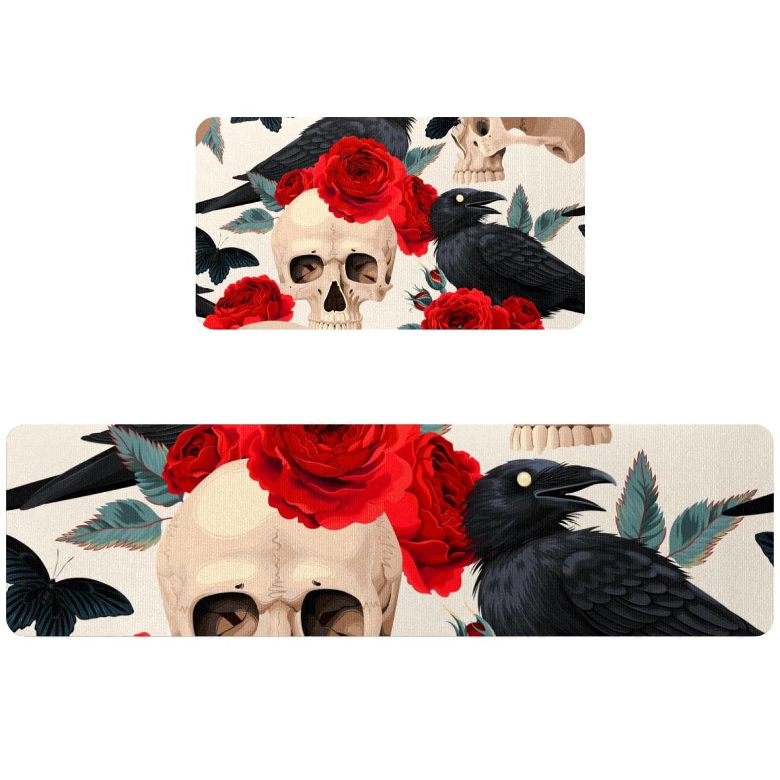 2 tapetes de cocina de cuervo negro y calavera, alfombras antideslizantes y lavables para el hogar