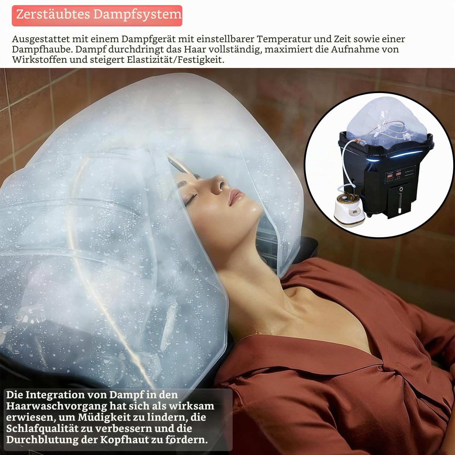 Head Spa Waschbecken, Haarwaschbecken mit 60L Wassertank + 20L Abwassertank, Mobiles Waschbecken, Friseurwaschbecken, inklusive Dampfbegaser, für Kopf Head Spa und Friseursalons, Schwarz