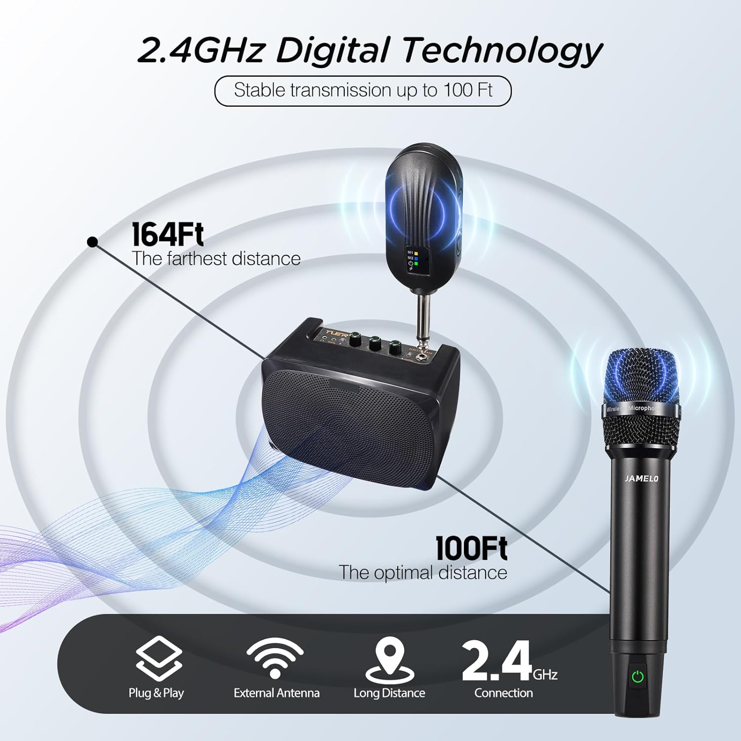 Wireless Microphones, 2.4 GHz Metal Rechargeable Wireless Mics with Dual Professional UHF Handheld Karaoke Microphone System with Receiver, Dynamic Mic for Church, Singing, Speech, Wedding, Party - Image 4