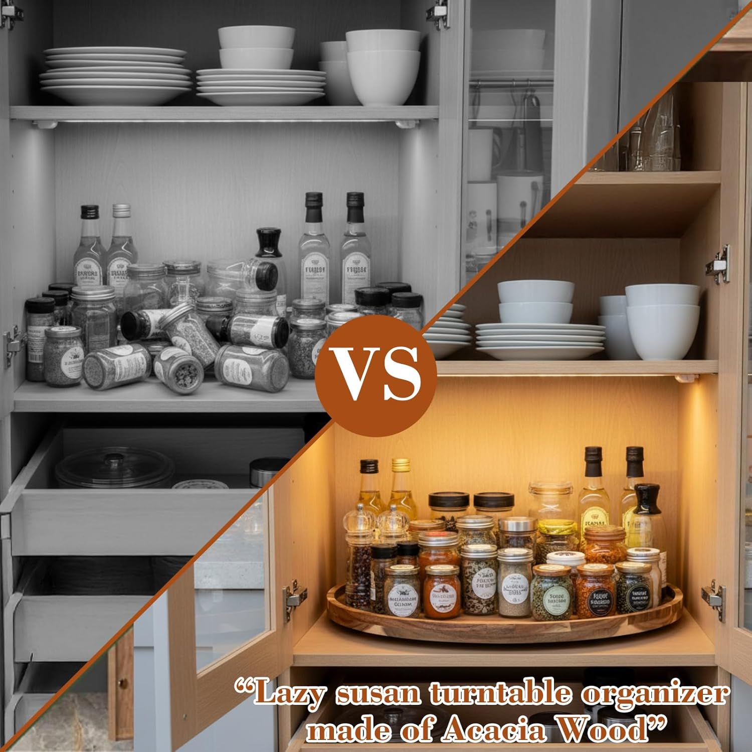 20'' Wood Lazy Susan for Countertop Acacia Large Turntable Rotating Serving Tray for Table Top Non Skid Kitchen Tray Revolving Condiment Spice Rack Table Organization Storage, Natural