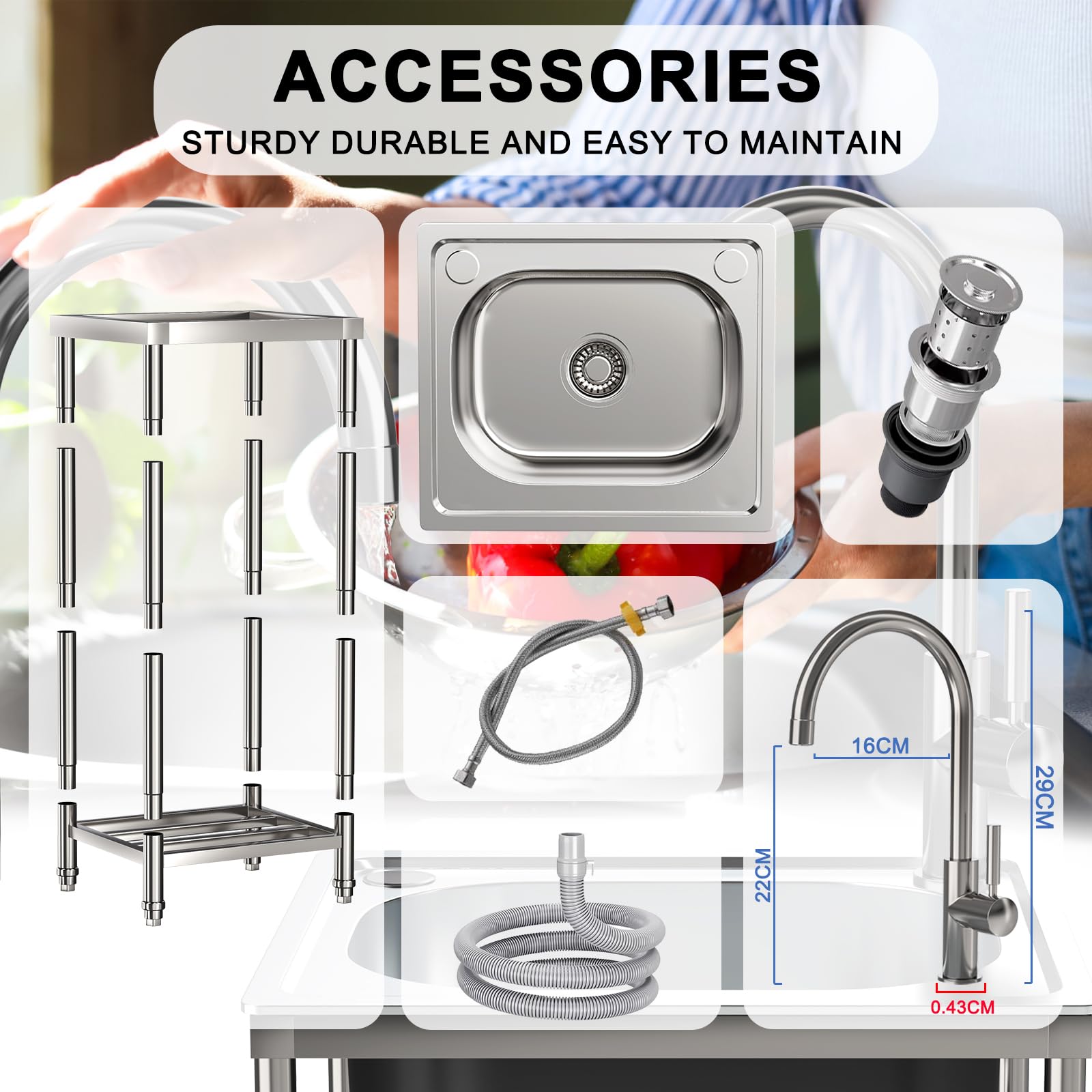 Gastro - Lavabo indipendente in acciaio inox, 33 x 38 x 82 cm, con rubinetto, dispositivo di scarico, per piantare fioriere e vasi, pulizia attrezzi da giardino