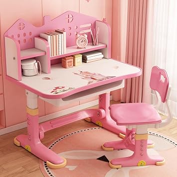 Kids Desk Functional & Adjustable Chair Set, Height Adjustable Children School Study Table Chair Set with Cartoon Pattern, Storage,Drawers,Bookshelf,Kids Desk Table Pink B