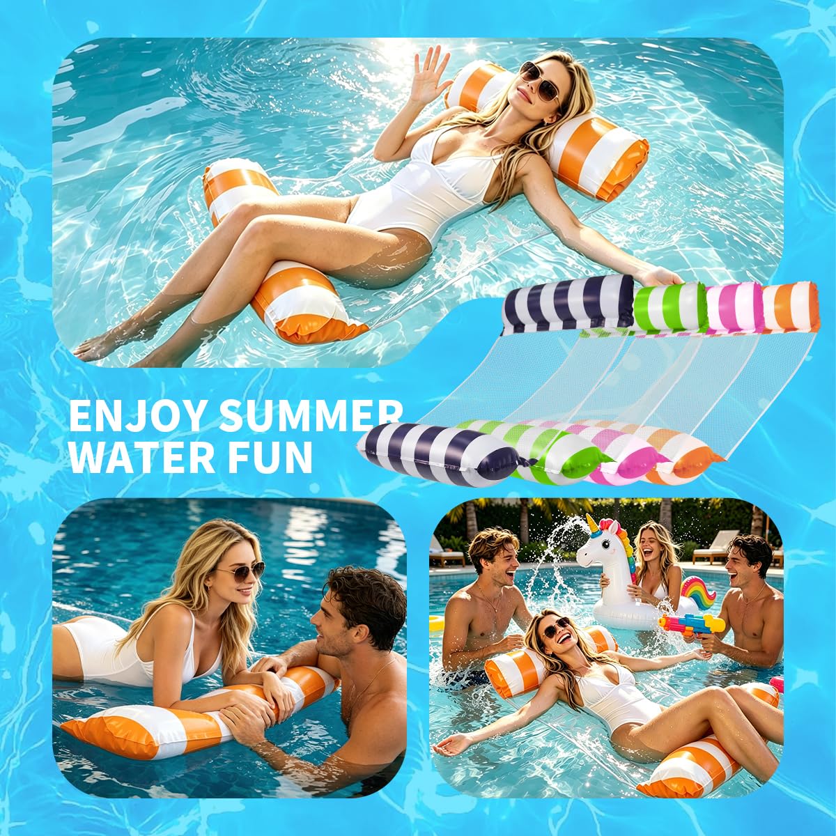 Juego de 4 hamacas de agua para piscina, 4 en 1, colchón inflable de aire para piscina con red, tumbona de agua plegable para adultos y niños, accesorios de piscina para verano, lago playa, capacidad