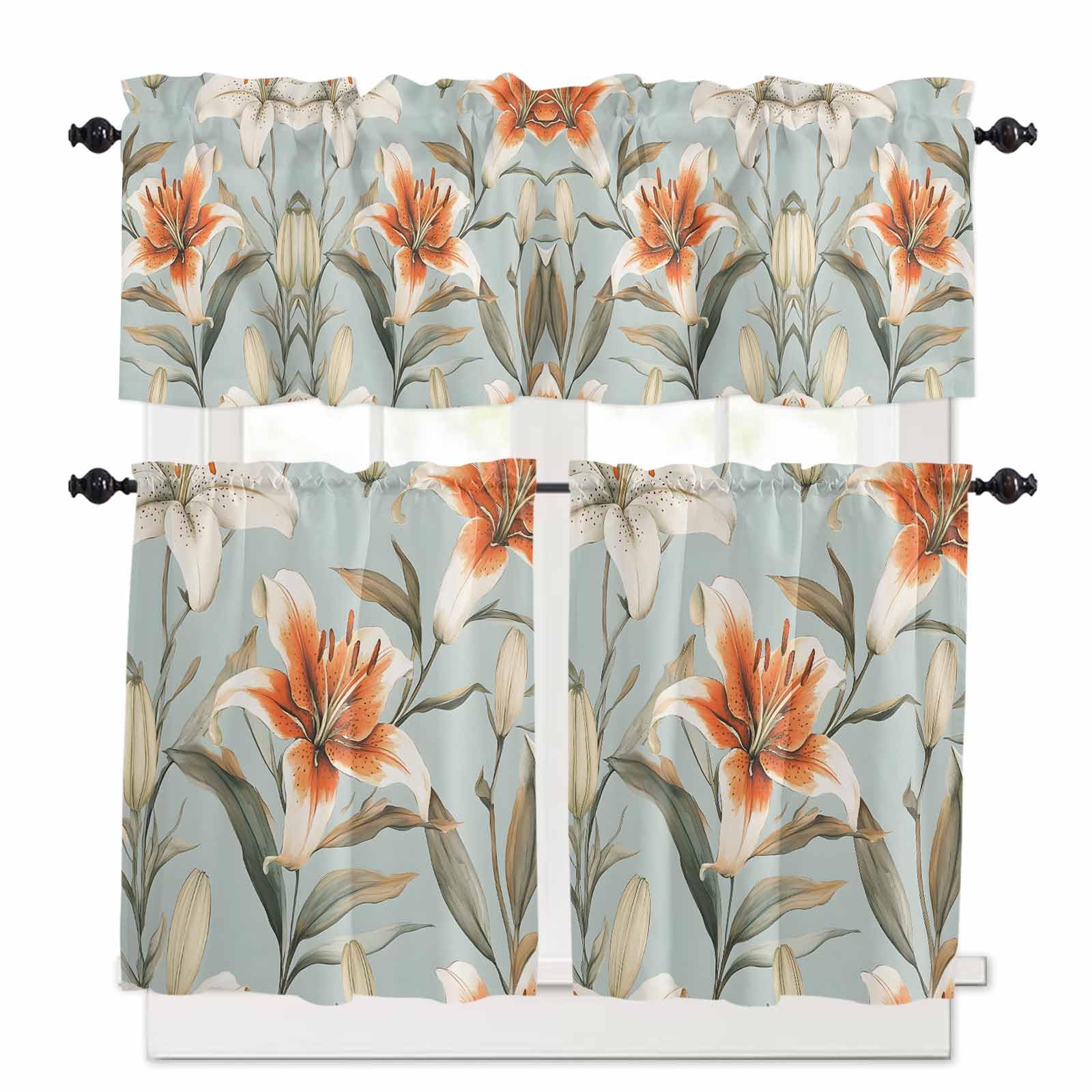 Lily Flower Kitchen Curtains 36 Inch Length,3 Piece Rod Pocket Small Half Tiers and Valance Set,Watercolor Country Blooms Spring Botanical Art Small Large Window Treatment Decor for Bedroom/Bathroom