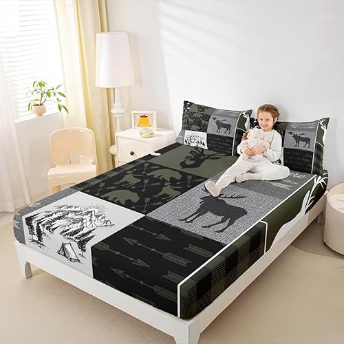 Miniatura 129 de Sábana bajera ajustable de oso de caza, juego de ropa de cama a cuadros de búfalo, sábanas de retazos de cabaña rústica para niños, niños, Multi