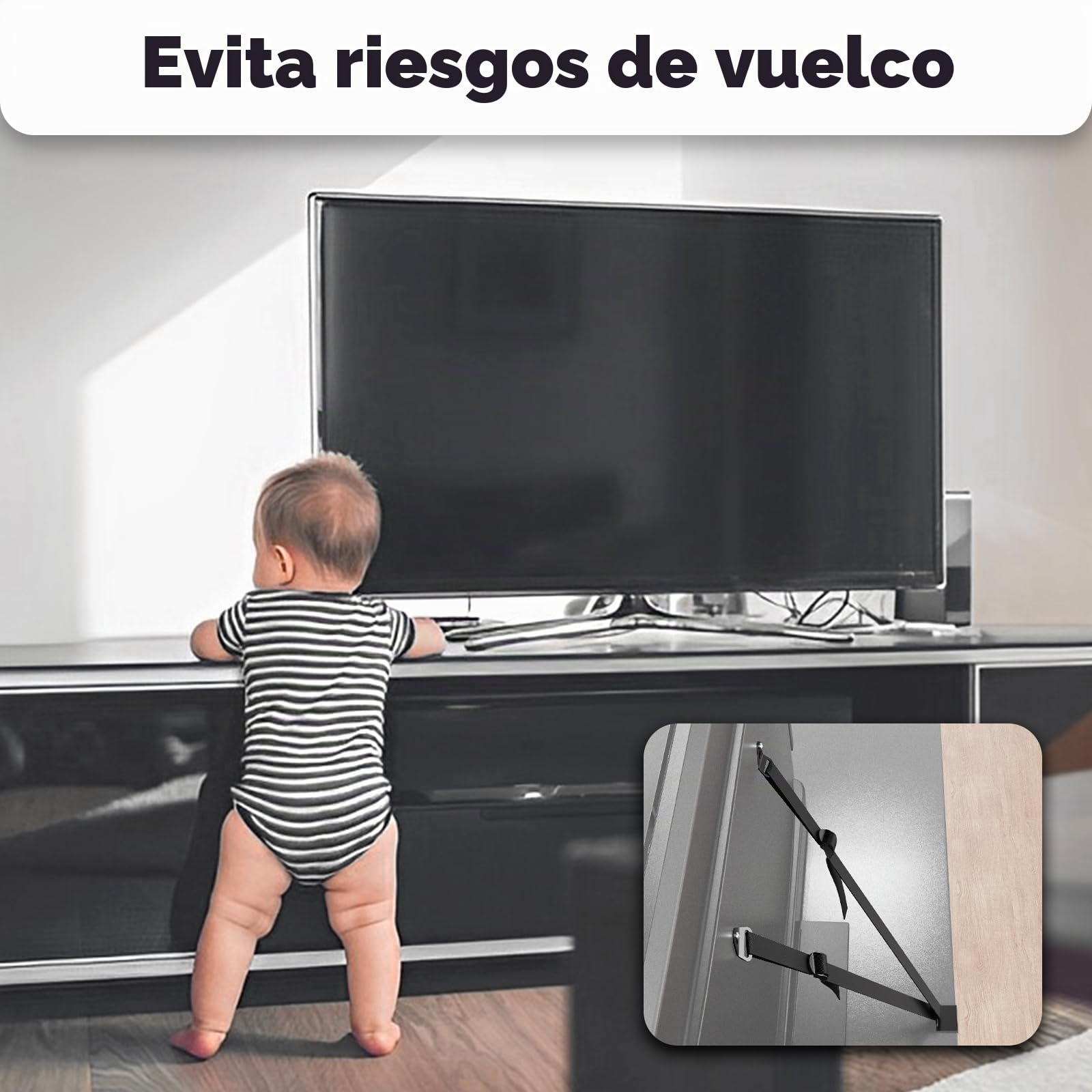 Joythink Correa de seguridad anti puntas para TV y muebles, ajustable, antipuntas, a prueba de bebés, conectores de metal para seguridad infantil, abrazadera VESA negra