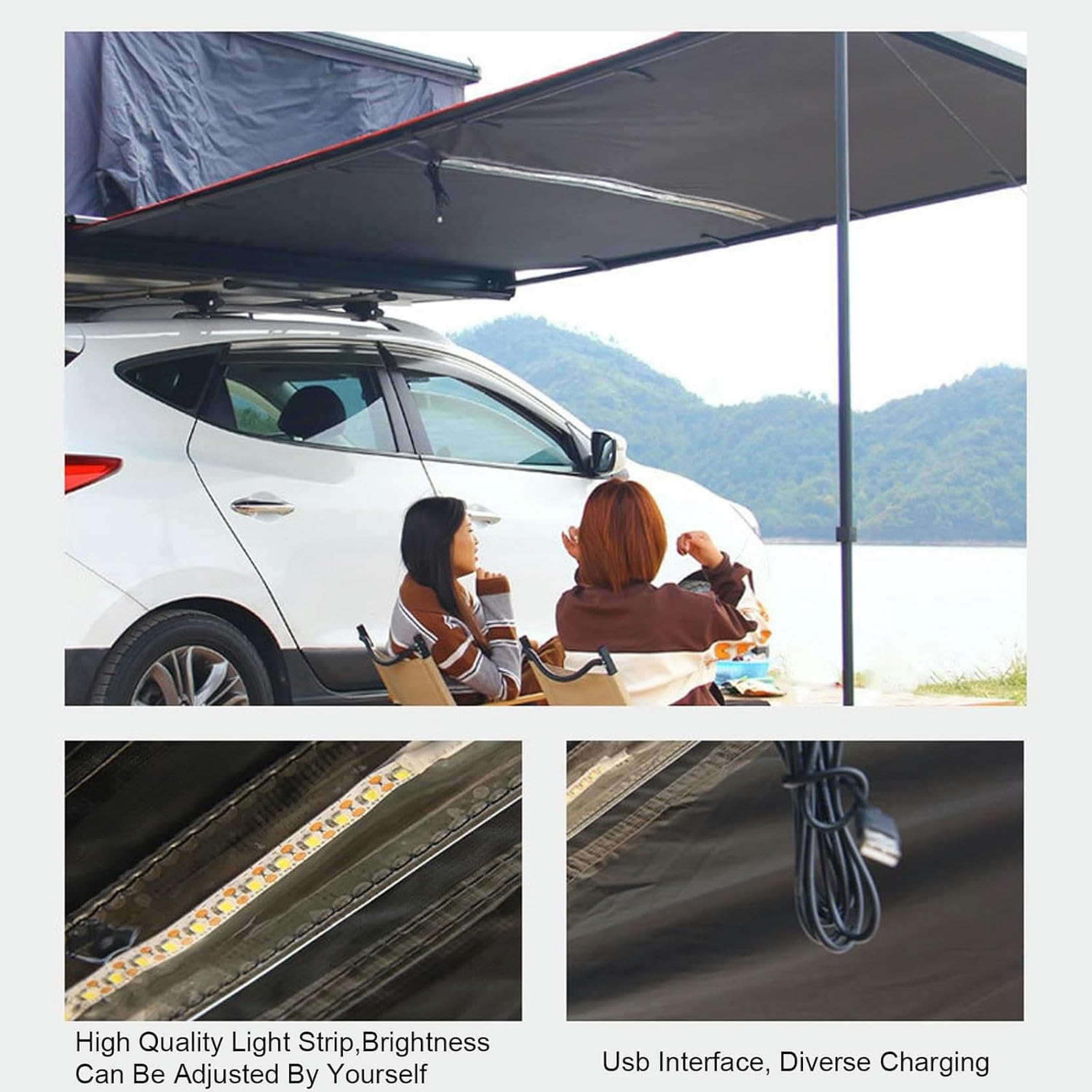 Toldo portátil con iluminación LED integrada para camping y refugio de vehículos
