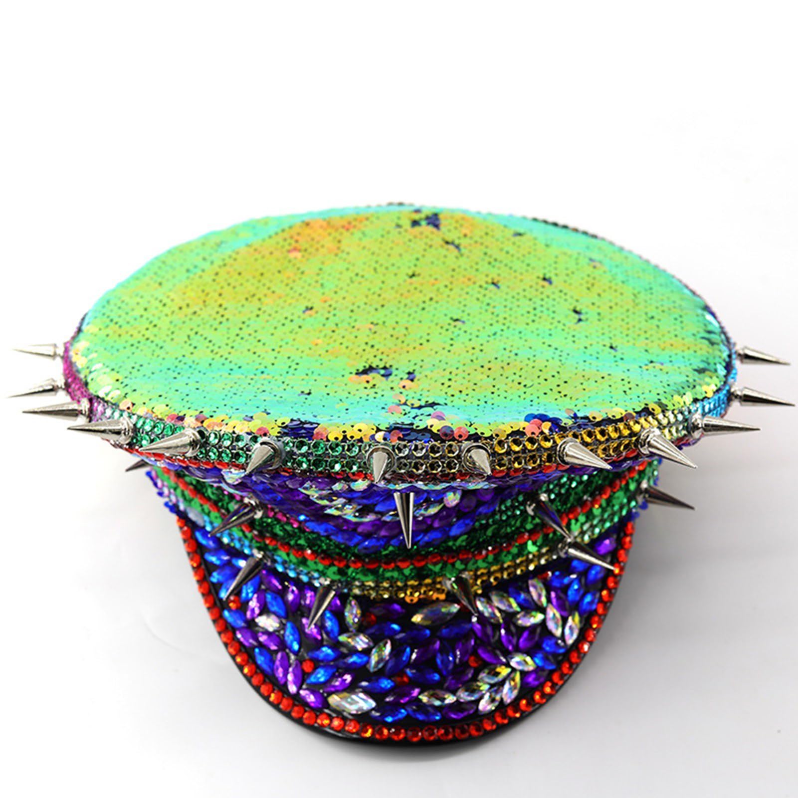 Cappello marino per festa di ballo paillettes Capitano Caps Festival Musica Donne Costumi Caps Strass Rivetto Borchiato Cappello Capitano, Come descritto