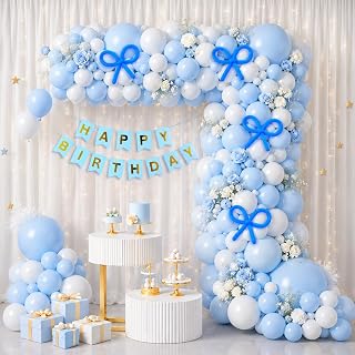 Party Propz Blue & White Birthday Decoration Kit For Kids– 42 Pcs, Happy Birthday Banner, Latex Balloons, Long Blue Balloons & Balloon Arch Roll, Balloon Decoration Kit for Boys & Girls(Cardstock)