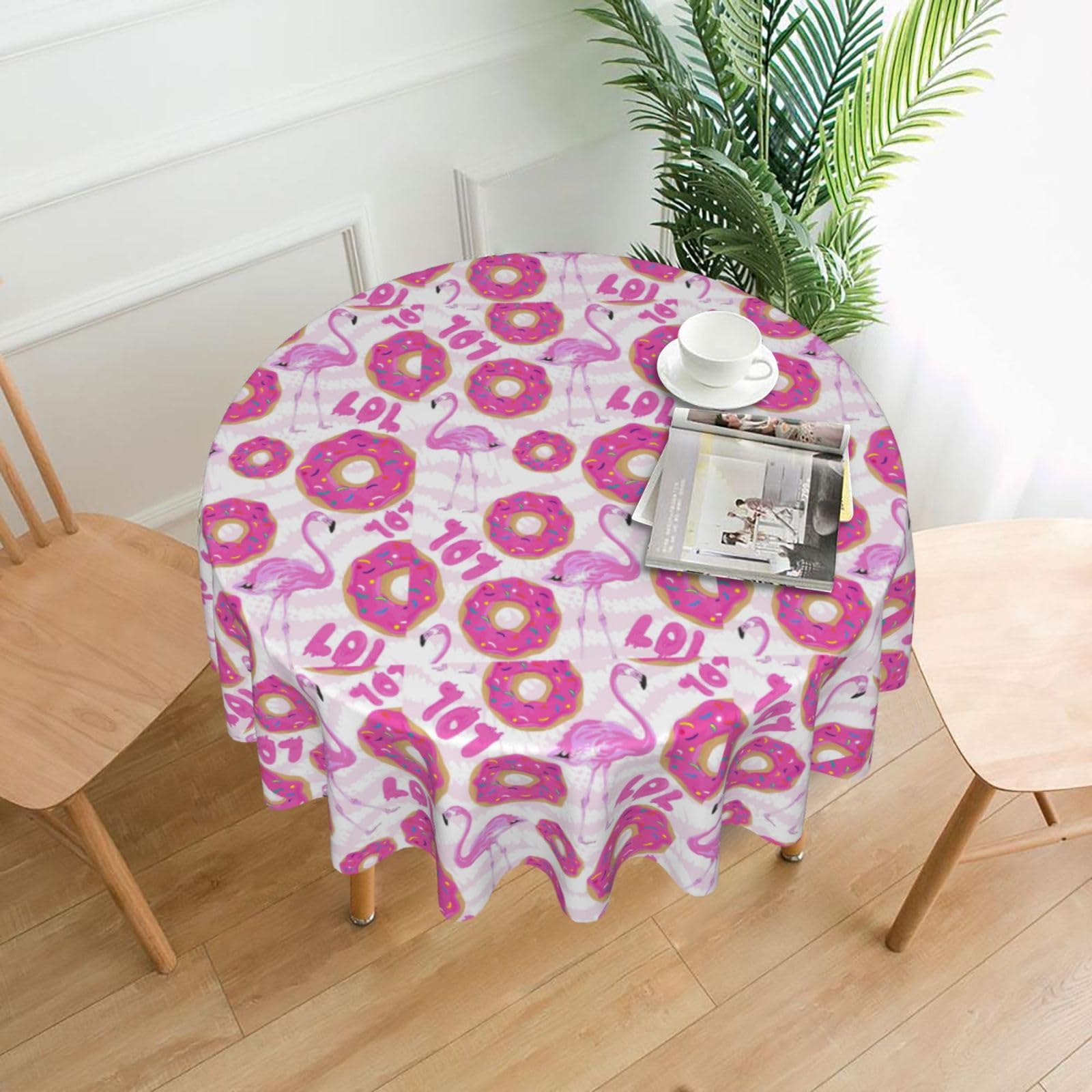 Nbtghga Flamingo And Donuts Print Tablecloth Round Border Table Cloth Cover Decorative For Party Holiday Dinning Tabletop Home