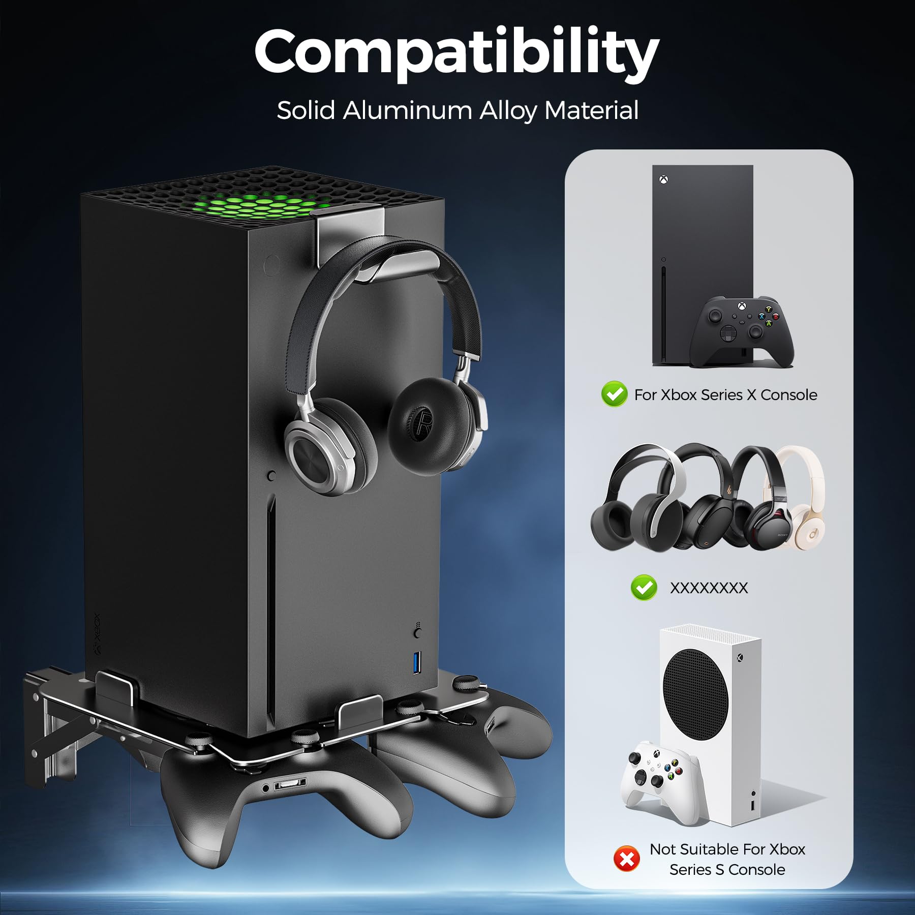 Soporte de pared para Xbox Series X con ventilación de refrigeración, soporte de aluminio plegable con almacenamiento para controlador, base segura y fácil instalación (color negro)