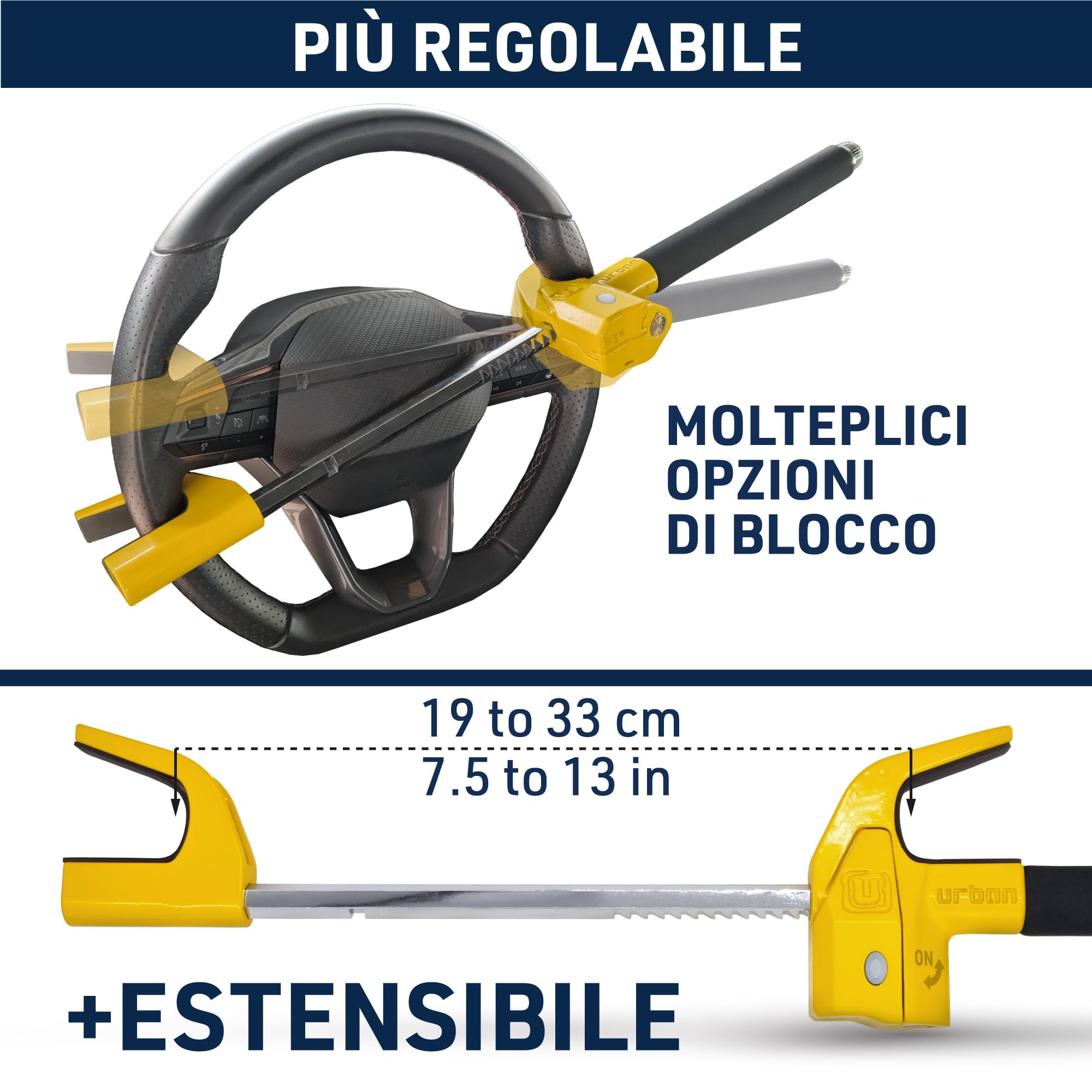 URBAN UR978Y Antifurto Auto Doppia Sicurezza Blocca Sterzo 120dB LED Bloccaggio Automatico Blocco Volante Meccanico Universale