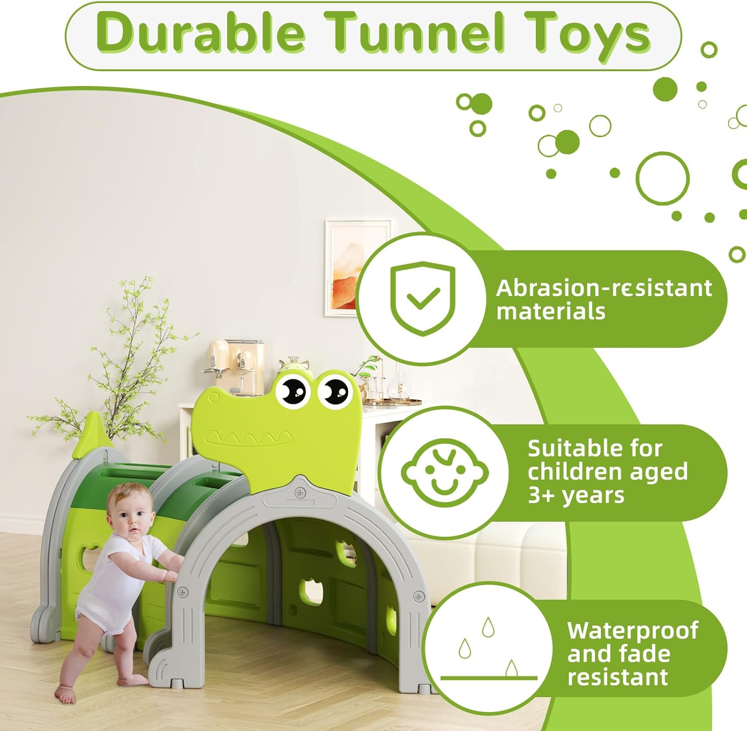Glaf Tunnel Toys for Kids Toddler Climb and Crawl Baby Play Tunnels for 3-6 Years Old Indoor & Outdoor Toddlers Play Structure Equipment for Daycare, Preschool, Playground (Green, 3 Section)