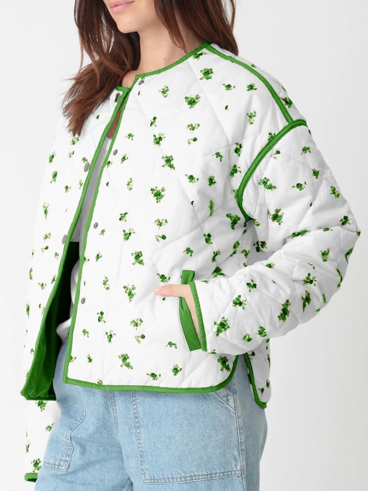 Tankaneo Womens Floral Cropped Quilted Jackets Lightweight