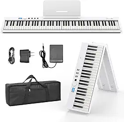 BESFAN Piano BSP-10F com teclado portátil de 88 teclas, teclado semipesado, 128 tons, USB MIDI, pedal de sustentação, suporte de música para presentes iniciantes, branco