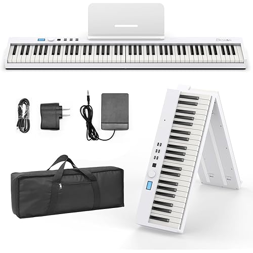 BESFAN 88 Key Keyboard Piano BSP-10F Portable Folding Piano with Semi-Weighted Keyboard, 128 Tones, USB MIDI, Sustain Pedal, Music Stand for Beginners Gifts, White