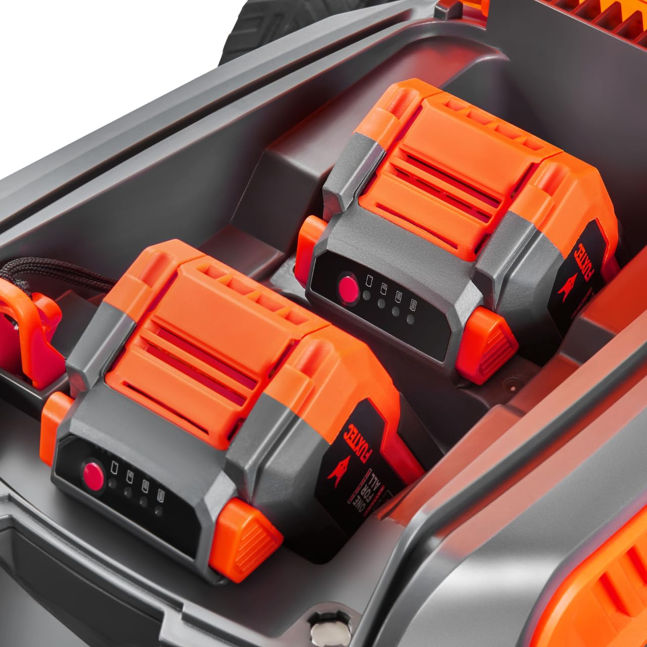 FUXTEC 4in1 Cortacésped a Batería 40V (2x20V) FX-E2RM51 - Incluye 2 Baterías Li-Ion 20V 4Ah y Cargador Doble - Corte 51 cm, Altura 30-90 mm, Recogedor 50L, Función Mulching y Expulsión Lateral