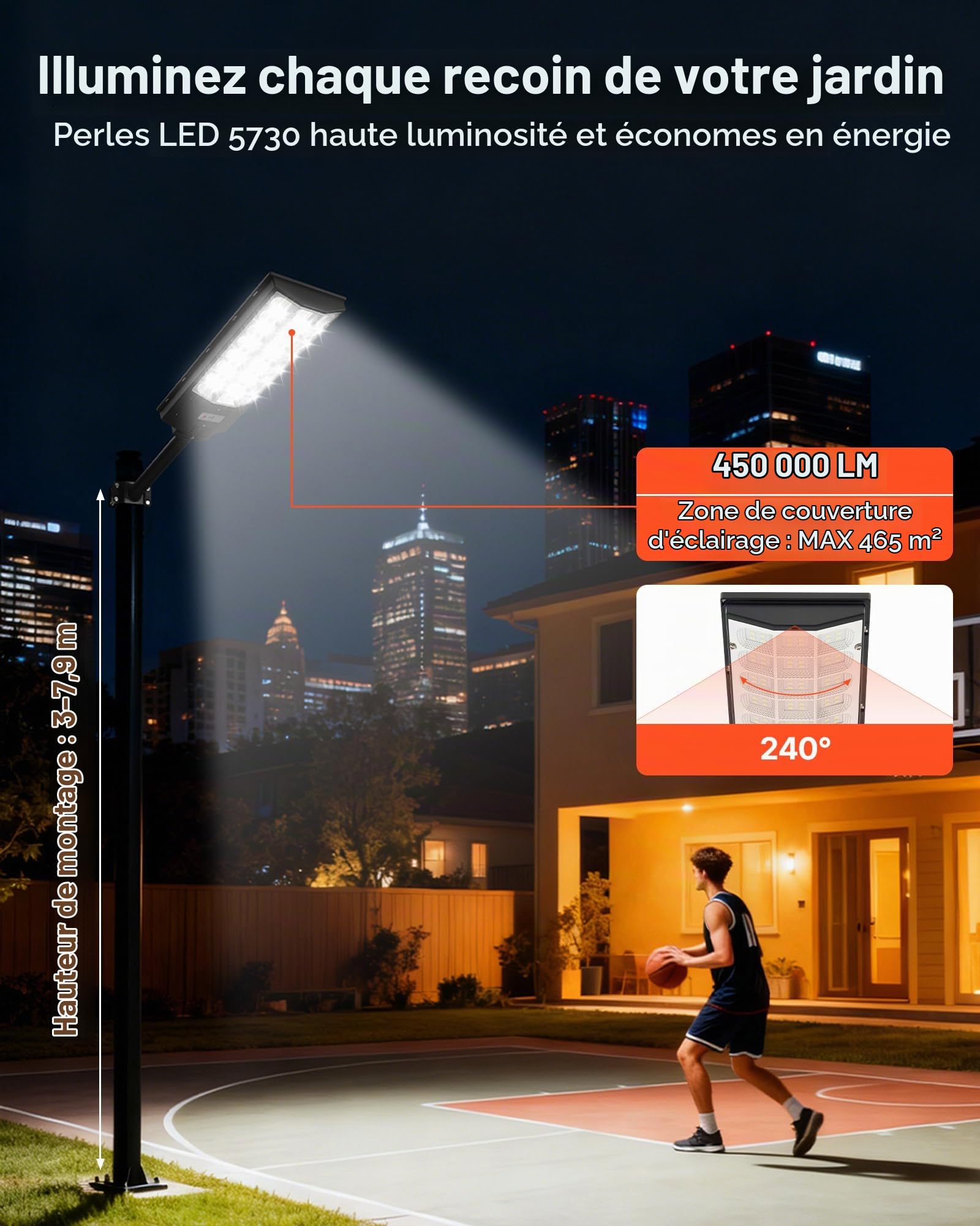 VEVOR Lampadaire Solaire Extérieur 8000 W Projecteur LED Solaire 450000 lm pour Parking Jardin Cour, avec Détecteur de Mouvement, Télécommande, Éclairage du Crépuscule à l'Aube, Étanche IP65, Lot de 1