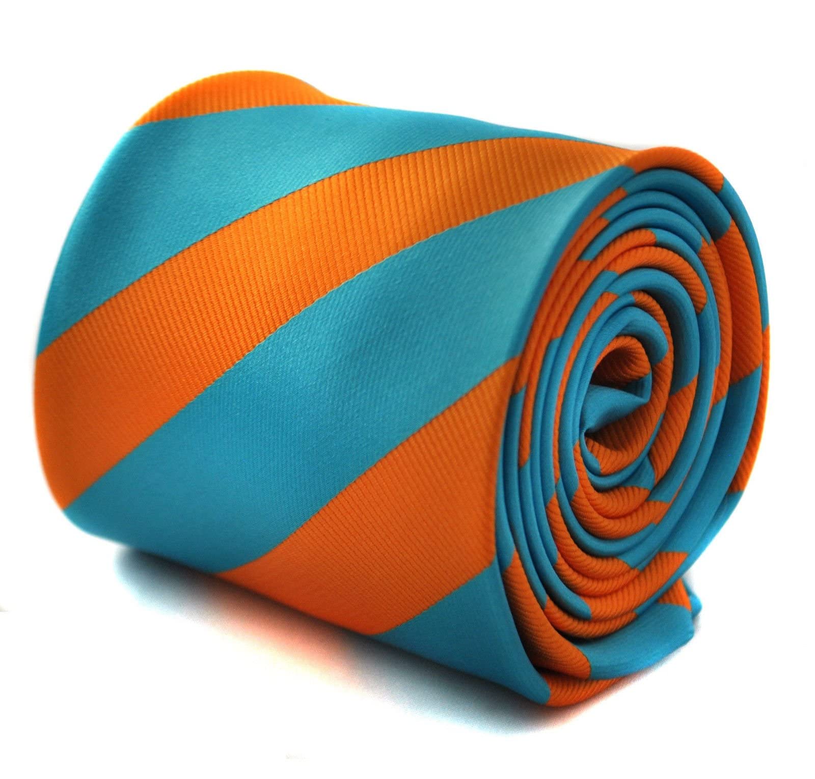 Frederick Thomas Men's Turquoise And Orange Striped Tie With Barber Stripe Design, 8Cm Blade And 147Cm Long, Premium ’S Neckwear For Office, Weddings, Formal Or Business Wear.