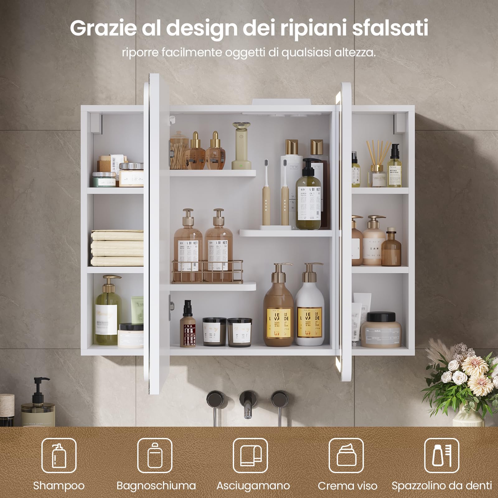 Mobile Bagno Specchio con Luce e Contenitore – Armadietto a Specchio 3 Ante, Larghezza 80 cm – Specchio Bagno LED 3 Colori Dimmerabile – Specchiera Bagno con Ricarica USB+Prese