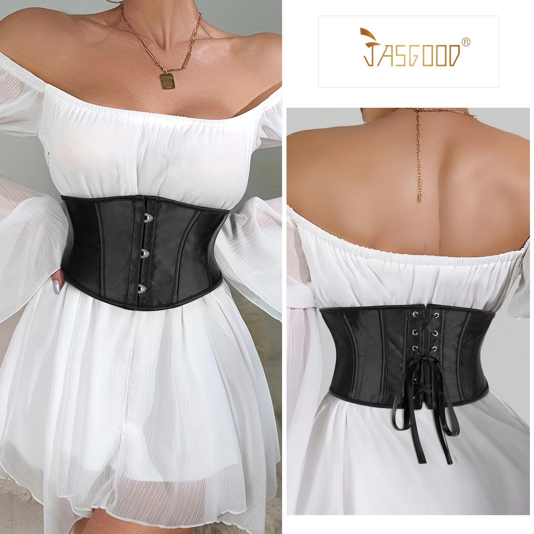 JasGood Damski gorset pasek Underbust Boned Lace Up Waspie pasek renesansowy Steampunk Pirate Halloween Cosplay gorset