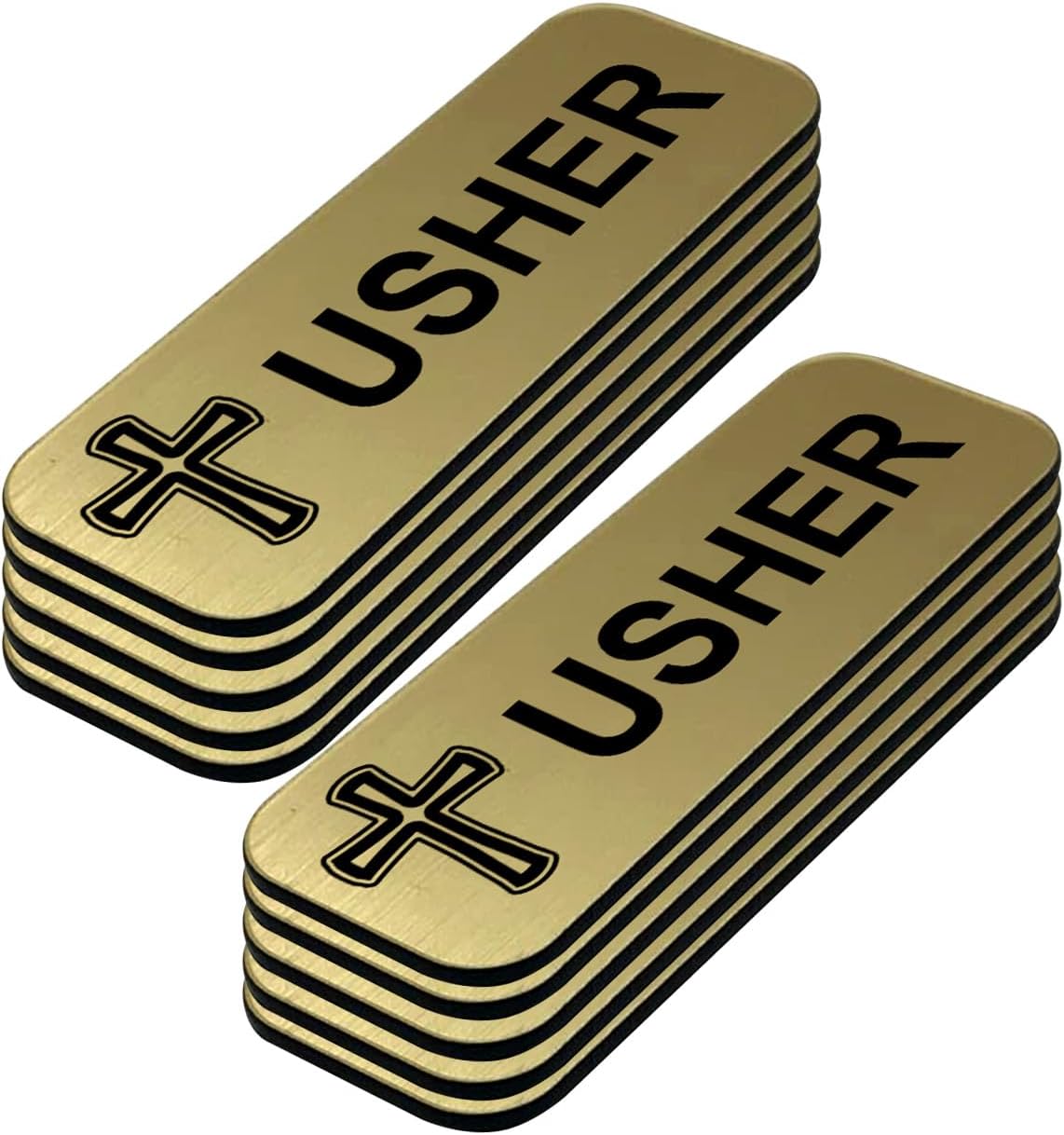 Usher 1 x 3 Name Tag/Badge, Brushed Gold, Cross Design (10 Pack)