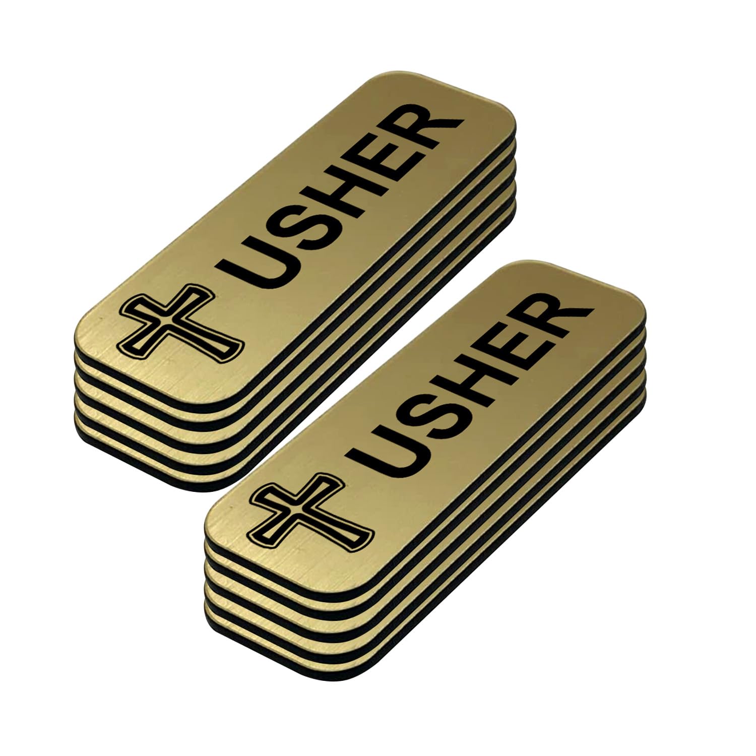 Usher 1 x 3 Name Tag/Badge, Brushed Gold, Cross Design (10 Pack)