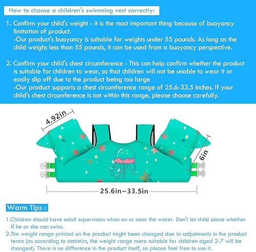 Miniatura 77 de Chriffer Chaleco salvavidas para niños de 22 a 66 libras, flotadores con arnés de hombro y alas de brazo para bebés de 2, 3, 4, 5, 6, 7 años