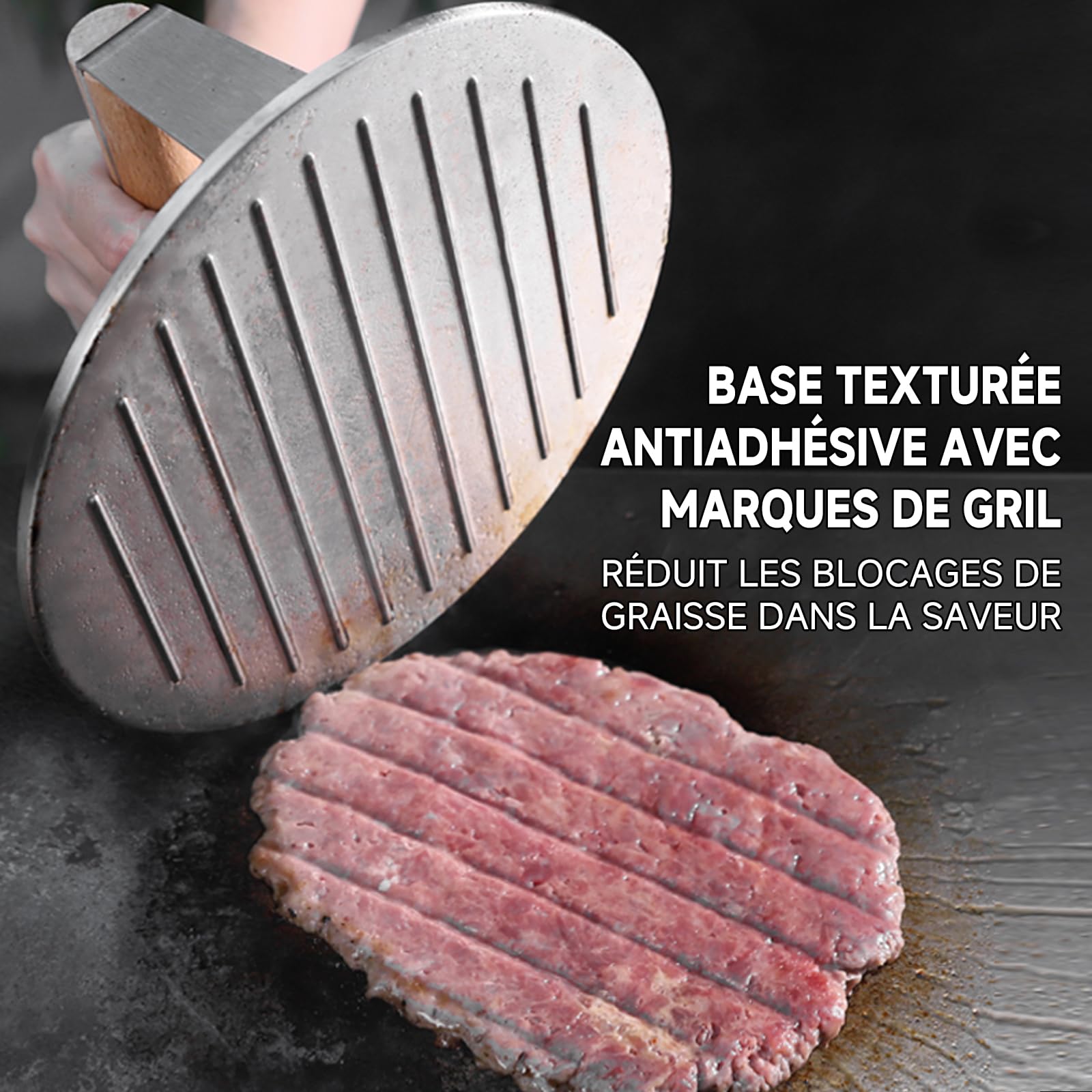 SKY FISH Presse à hamburger Smash en acier inoxydable, 1 650 g, presse à bacon et hamburger robuste avec poignée en bois, outil de presse pour barbecue de 21,6 cm pour steak, viande et crêpes