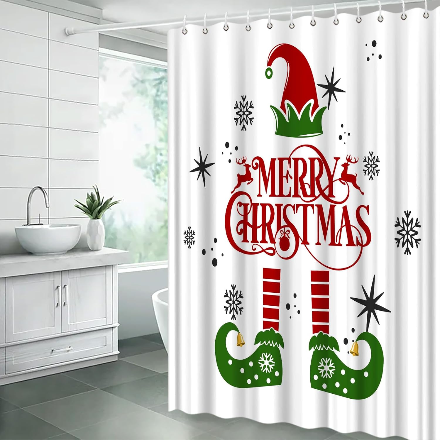 Sunhe Christmas Elf Shower Curtain Red Green Cartoon Elfs Leg Funny Quotes Snowflake Merry Christmas Winter Holiday 70" Wx96 H Bathroom Decor Curtain with Hooks