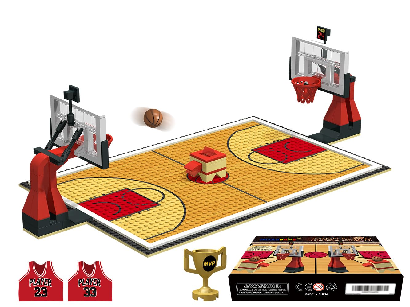 Building Blocks Toy - Basketball Court Baseplates and Sets of 2 Basketball Hoop Basketball Goal Building Bricks for Basketball Game - Compatible with Major Brands (Basketball Playset/Red)