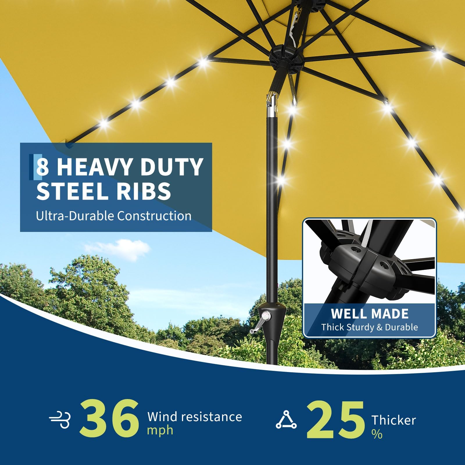 Garvee Sombrilla de Jardín LED Solar 300 cm, Parasol Exterior de Poliéster 180g/m² con 8 Varillas Acero, Manivela, Inclinación 30° Ajustable y Protección UV, Ideal para Terraza y Patio