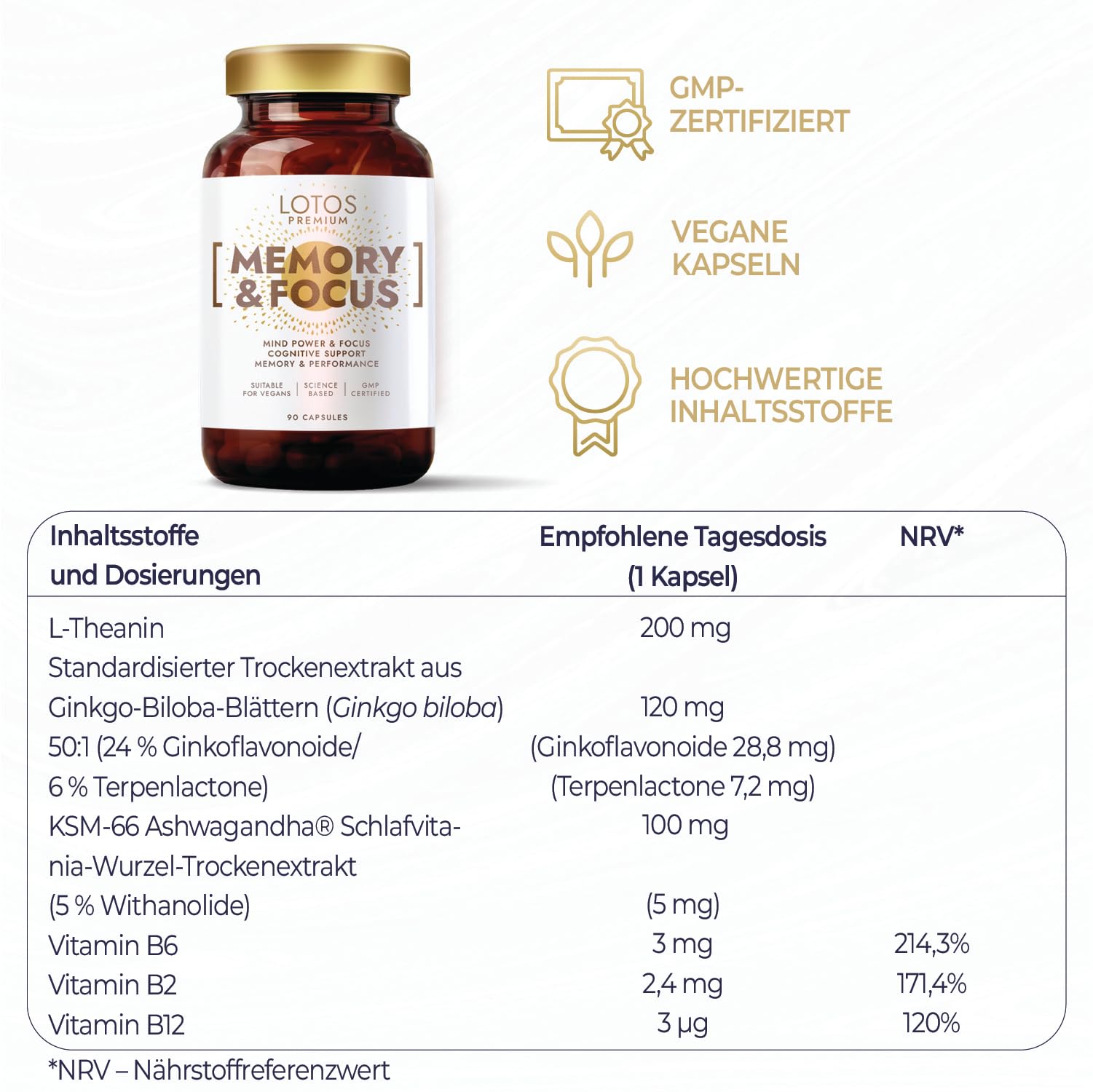 Ginkgo Biloba 6000mg pro Kapsel (50:1 Extrakt) Hochdosiert - mit Ashwagandha und Vitamin B Komplex - Premium Ginko für Gedächtnis und Konzentration - 90 Kapseln - Premium, Vegan, Laborgeprüft