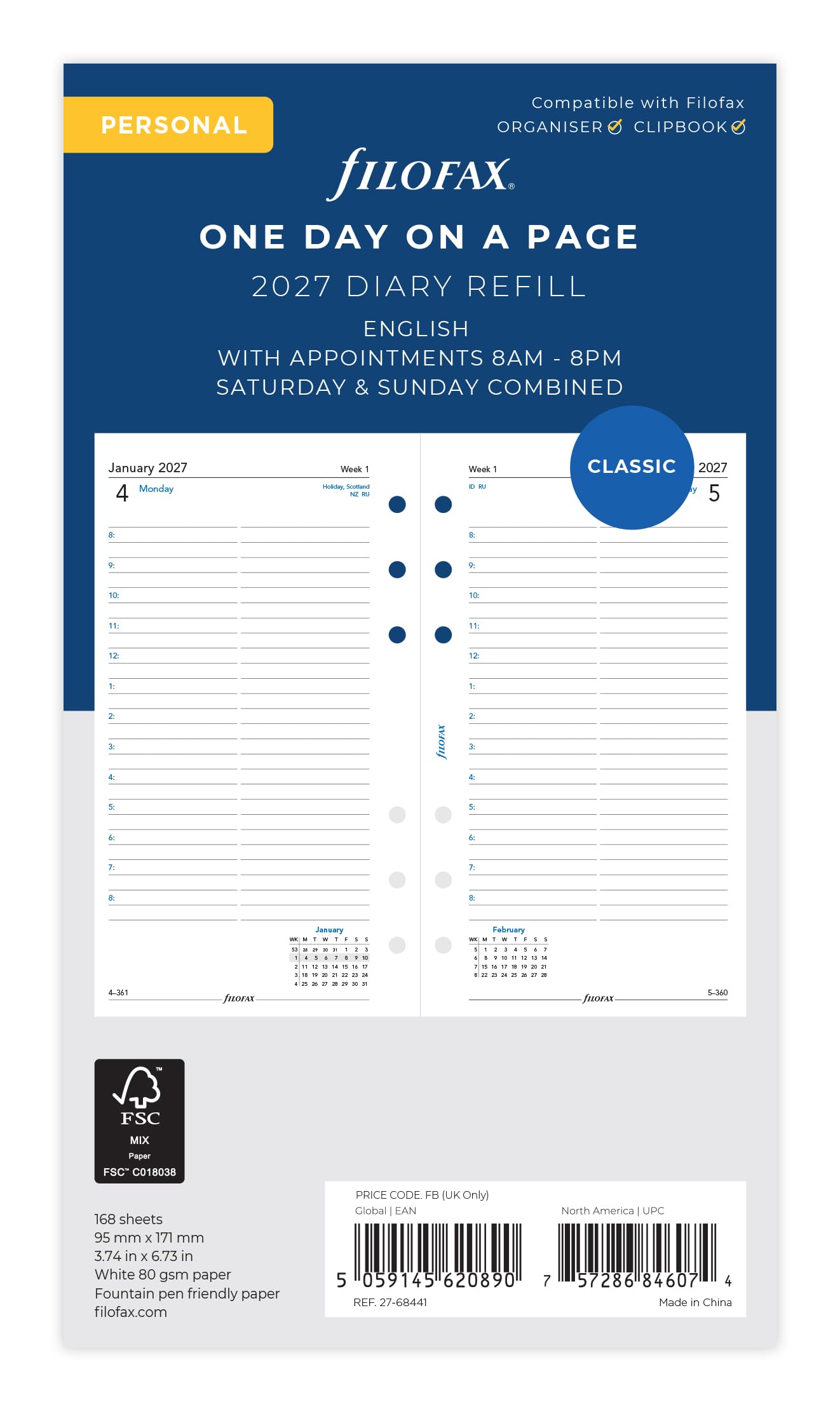 Filofax Personal Day per page English 2027 diary 27-68441