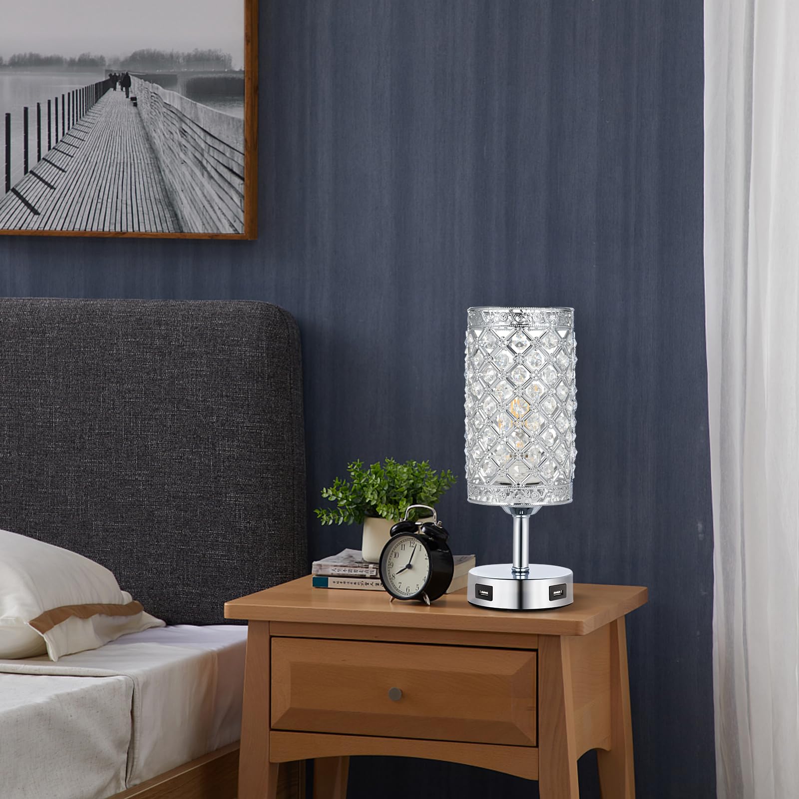 Nachttischlampe Dimmbar 12W 950LM, 2er-Pack Tischlampe Kristall mit Touch-Steuerung, zwei USB-Anschlüssen, 2 Glühbirnen (E27-Sockel), EU-Ladegerät, für Wohnzimmer, Schlafzimmer, Esszimmer – 30CM