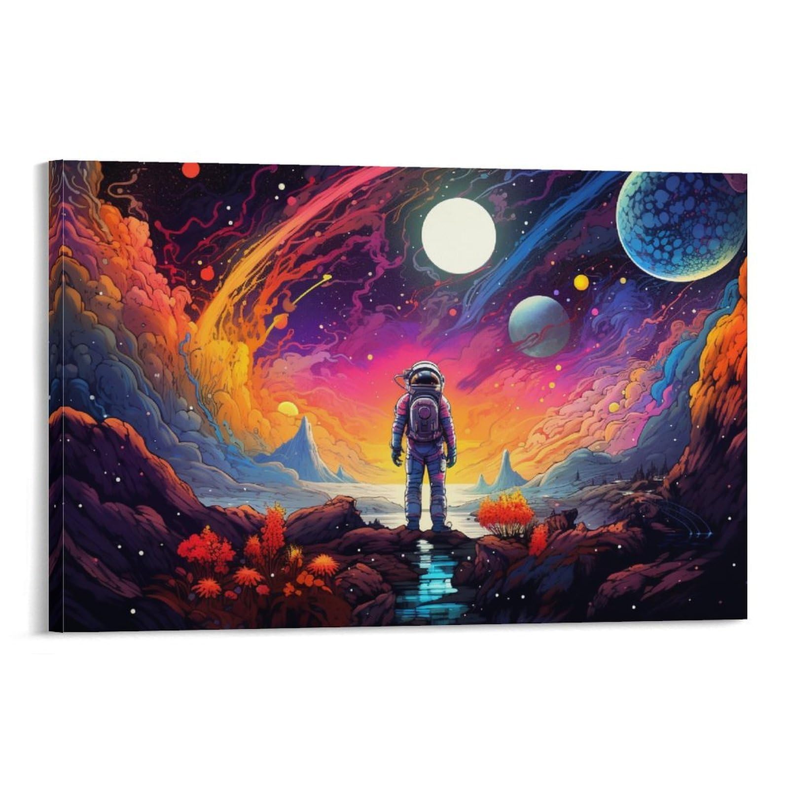 CPLVKWRQJ Bright Magical Colorful Individual Astronaut in Cosmic Landscape Framed Canvas Art - Living Room Focal Point Fade Resistant Gallery Wall Decor 20x30inch(50x75cm)