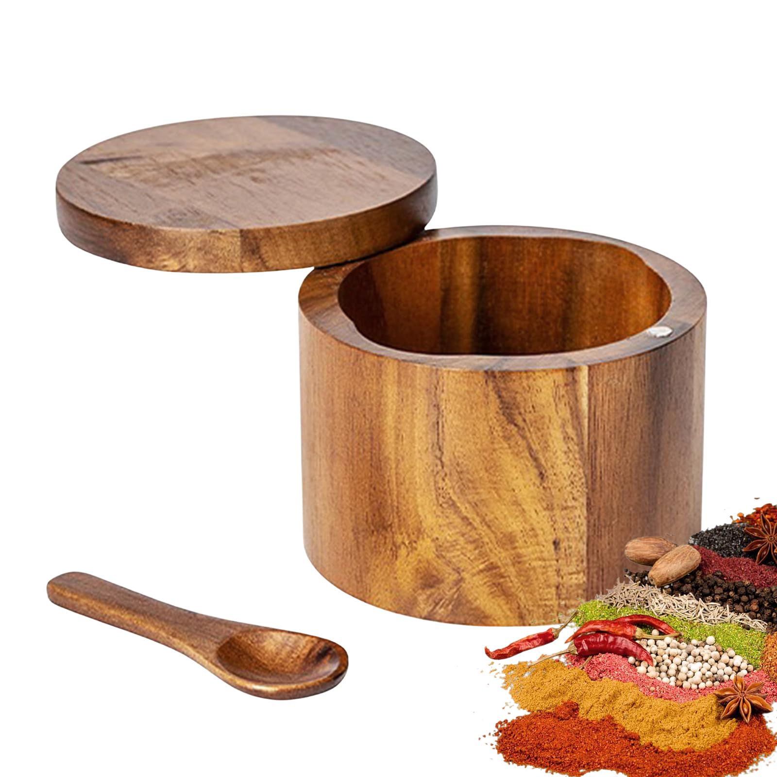Scatola di Legno per Sale, Barattoli per Condimento in Legno, Scatola Rotonda per Spezie, Porta Sale Legnos, Contenitore per il Sales di Legnos, con Coperchio e Cucchiaio, per Sales, Spezie