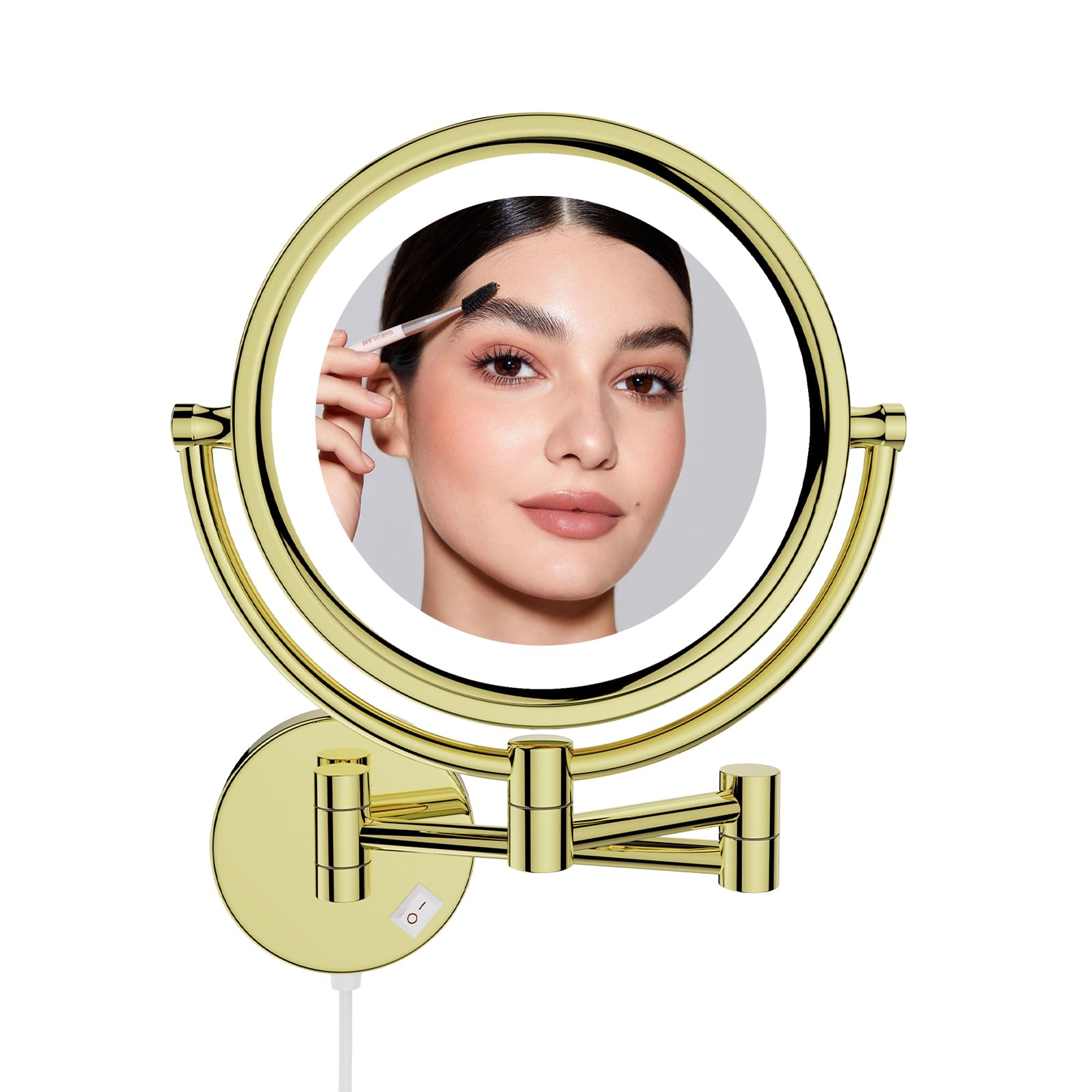 Dowry Espejo Maquillaje Pared con Luz Espejo de Aumento Dorado 5X Espejo Extensible de Doble Cara,Diámetro 20cm