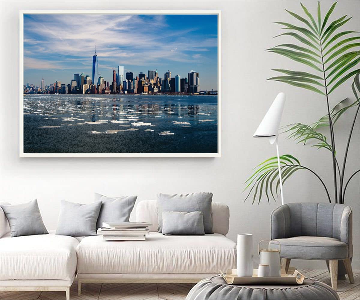 VERRE ART White Floater Framed Canvas - Wall Decor for Living Room, Bedroom, Office, Hotels, Drawing Room (34in X22in) - Sea & Building Scenery