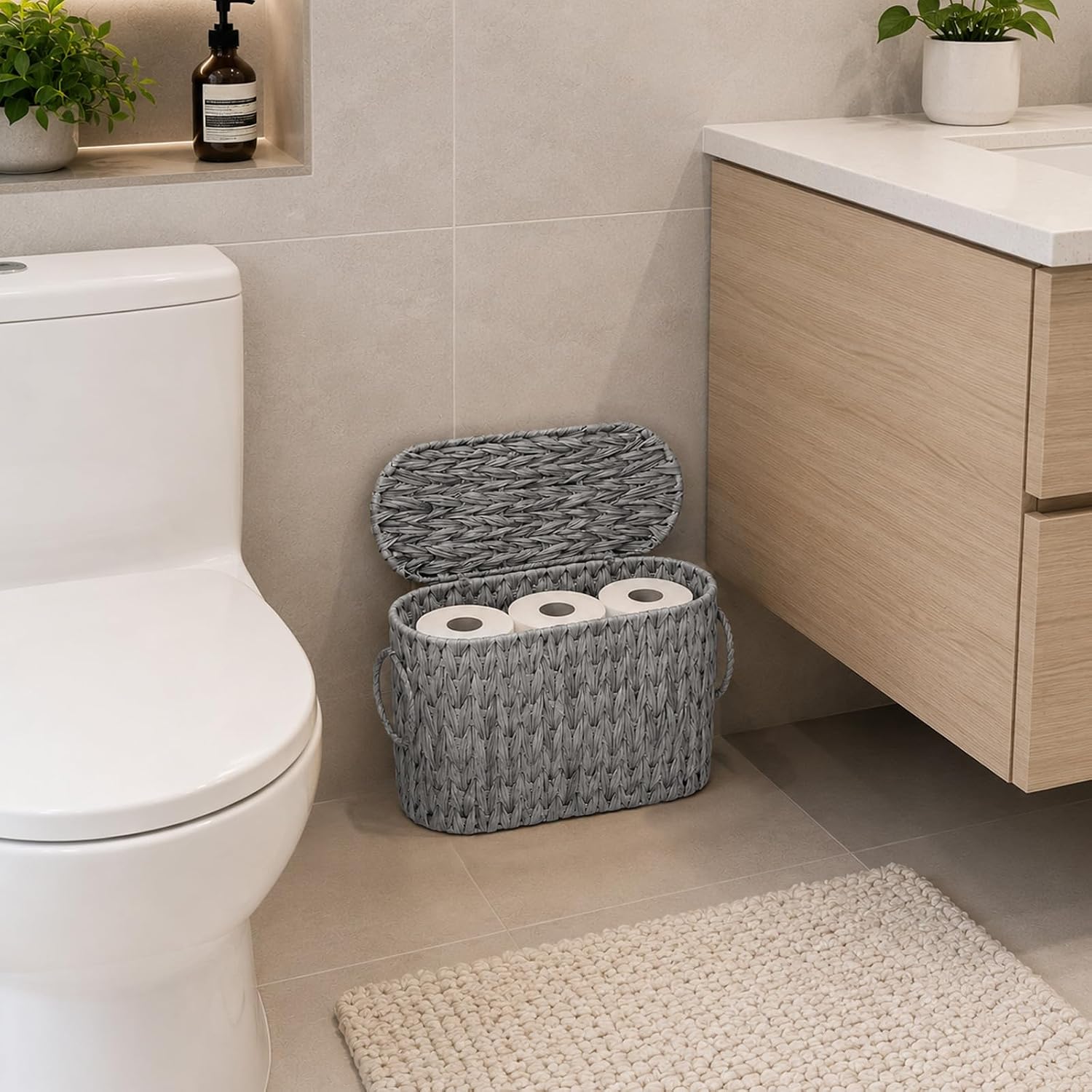 Toilet Paper Storage Basket with Lid, Narrow Bathroom Organizer for 6 Mega Rolls, Waterproof Wicker Look Plastic Basket with Handles, Toilet Tank Top Holder, Farmhouse Bathroom Storage Bin (Gray)