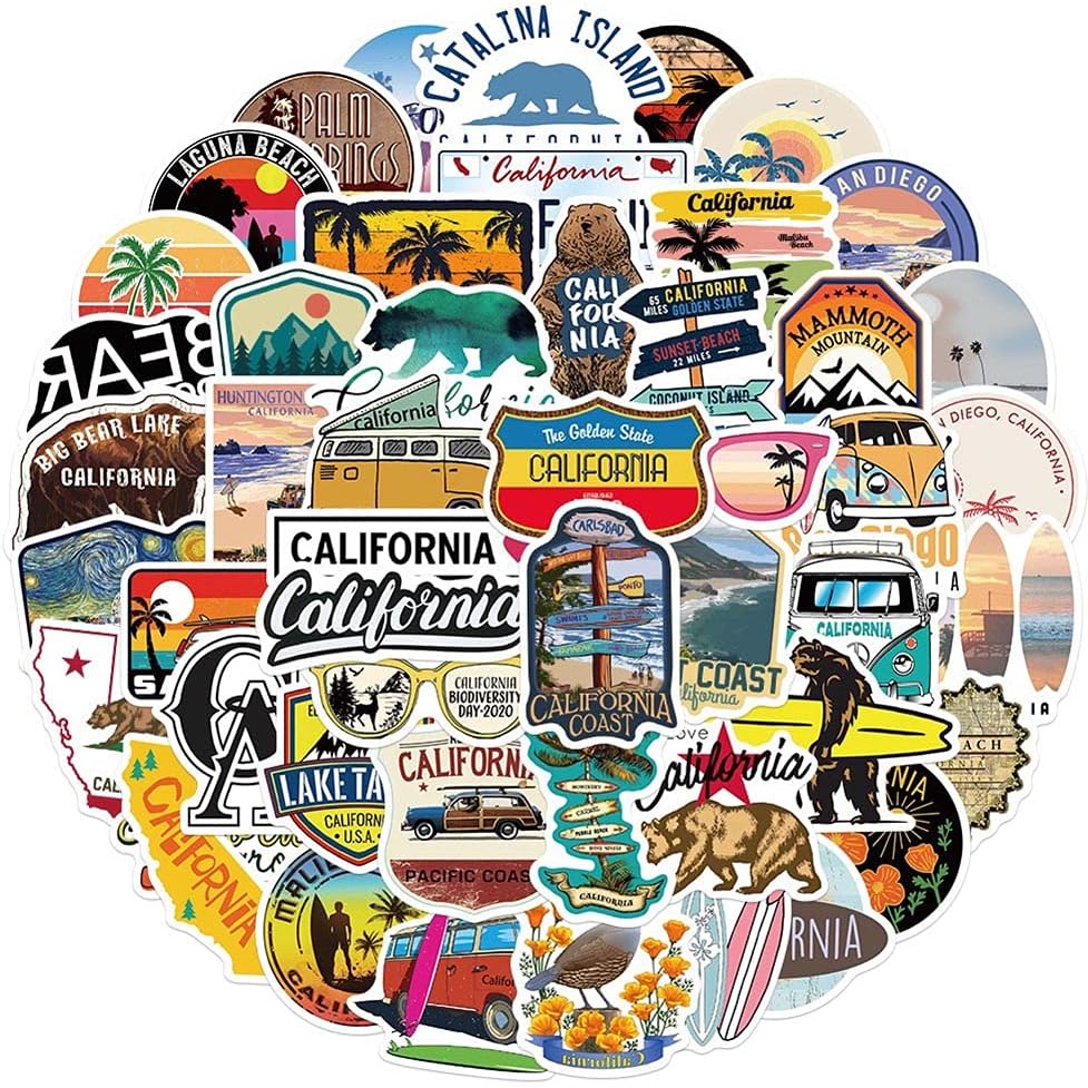 Love California Stickers |50Pcs California Beach Scenery Bear Waterproof Vinyl Decals for Water Bottles Bicycle Laptop Refrigerator Luggage Computer Mobile Phone Skateboard Bike Décor