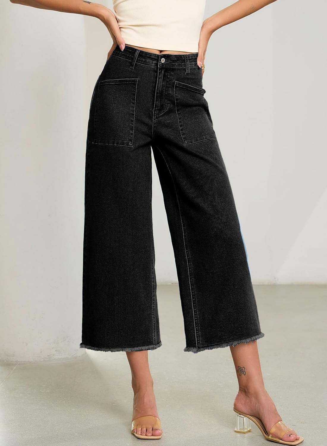 Sidefeel Womens Wide Leg Baggy Capri Jeans High Waisted Straight Leg Stretchy Raw Hem Cropped Denim Pants with Pockets image 4
