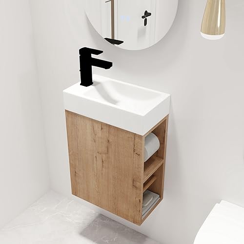 Miniatura 21 de Malwee Tocador de pared de 12 pulgadas, tocador de esquina, tocador de baño flotante de 12'' con lavabo, con 1 puerta y encimera de lavabo